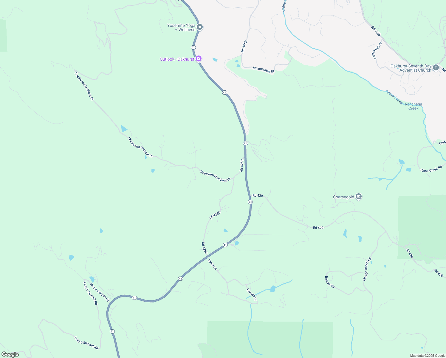 map of restaurants, bars, coffee shops, grocery stores, and more near 49120 Deadwood Lookout Road in Coarsegold