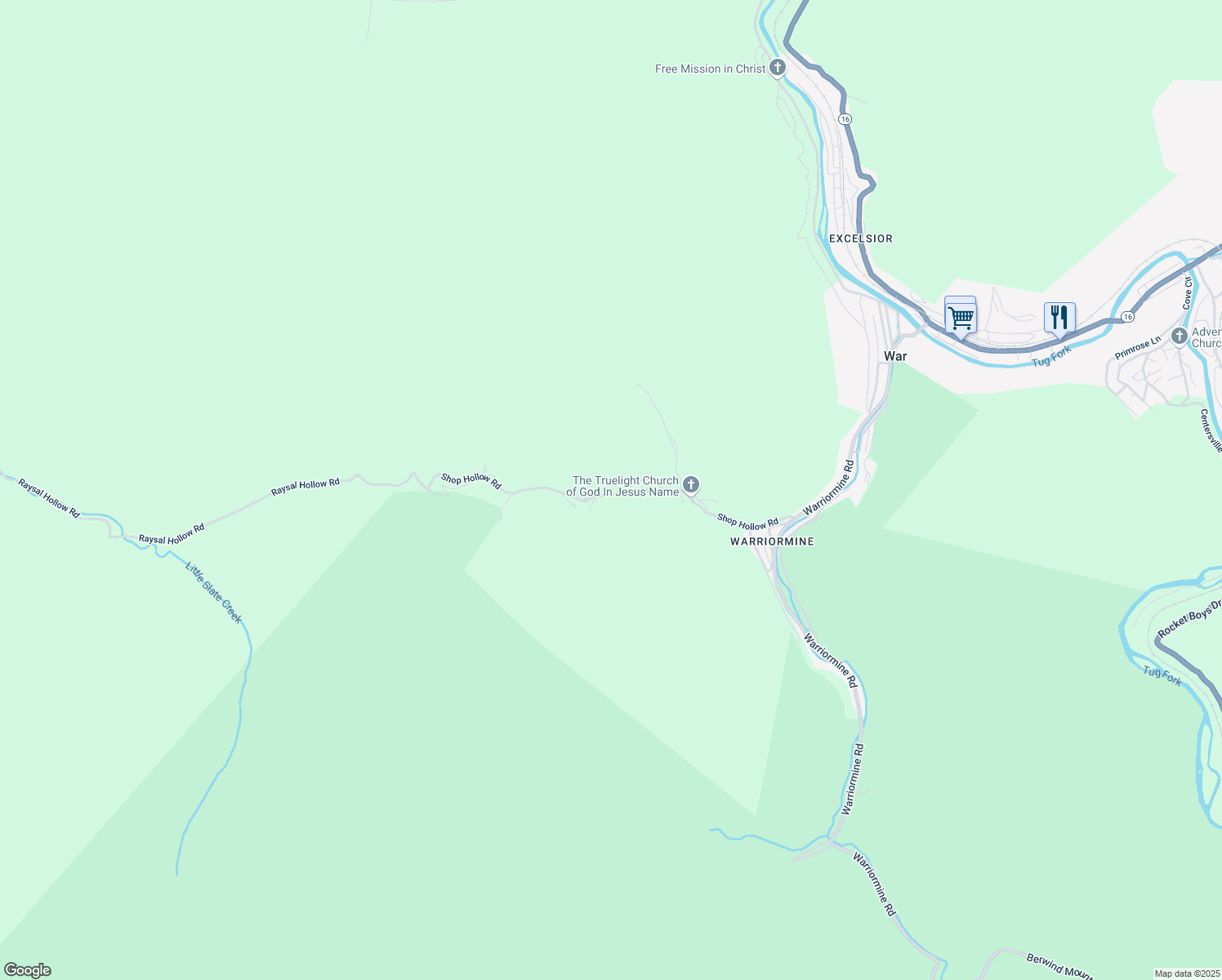map of restaurants, bars, coffee shops, grocery stores, and more near Shop Branch Road in War