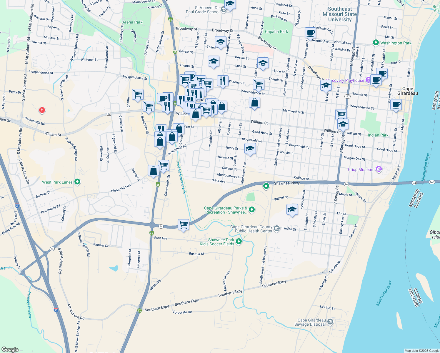 map of restaurants, bars, coffee shops, grocery stores, and more near 1913 Montgomery Street in Cape Girardeau