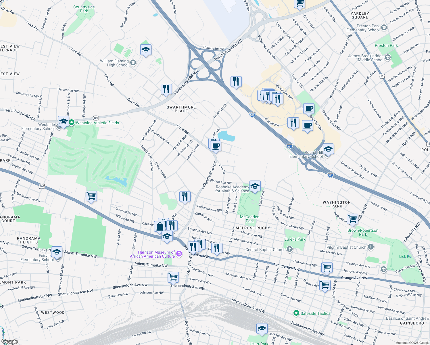 map of restaurants, bars, coffee shops, grocery stores, and more near 1529 Lafayette Boulevard Northwest in Roanoke