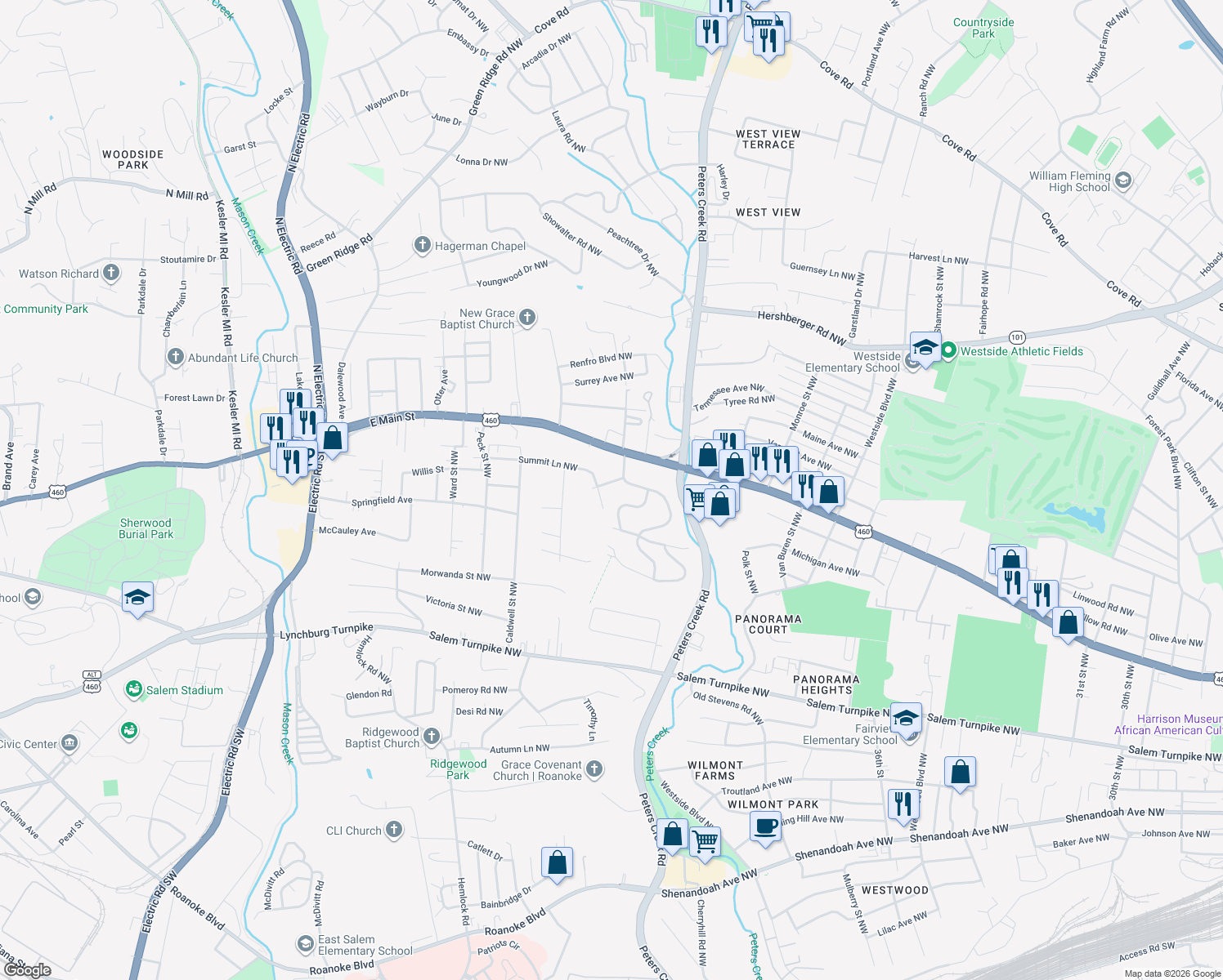 map of restaurants, bars, coffee shops, grocery stores, and more near 4516 Westdale Road Northwest in Roanoke