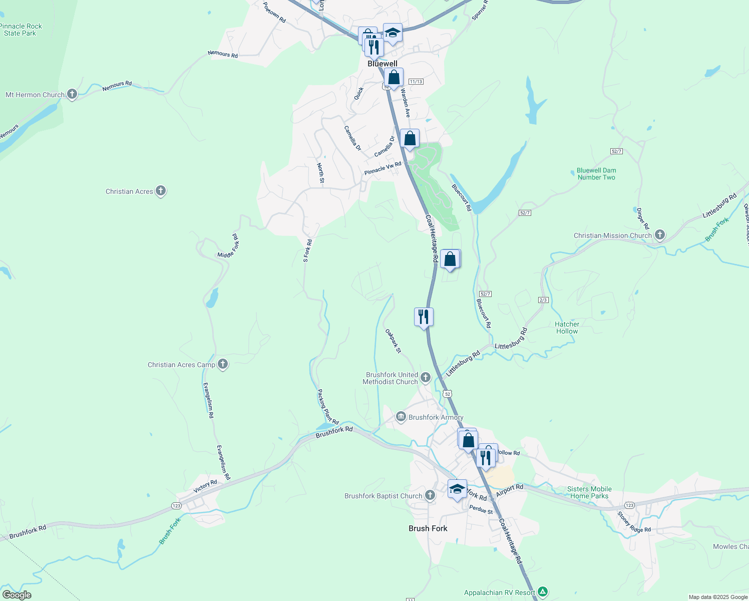 map of restaurants, bars, coffee shops, grocery stores, and more near Bottom St in Mercer