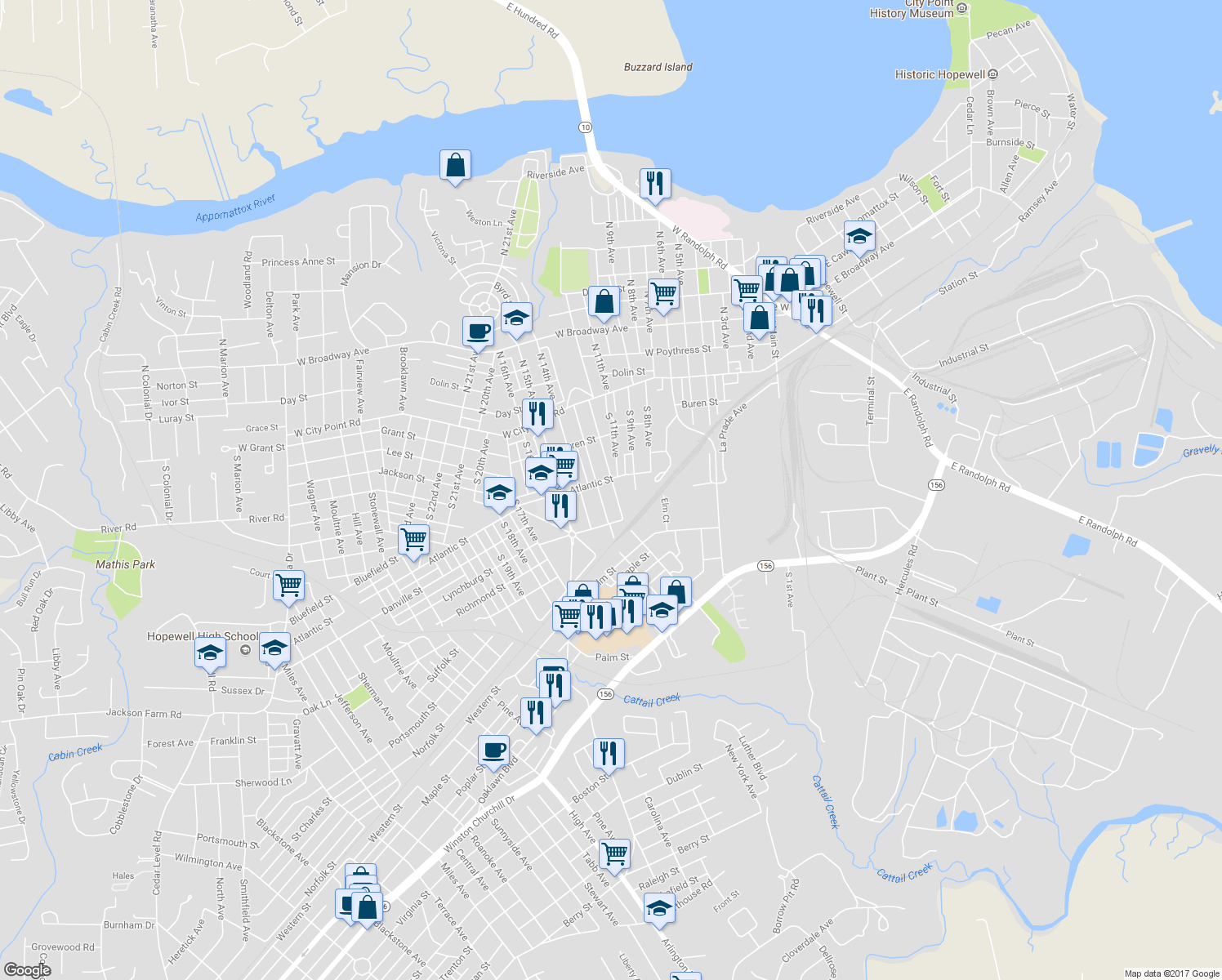 map of restaurants, bars, coffee shops, grocery stores, and more near 324 South 12th Avenue in Hopewell