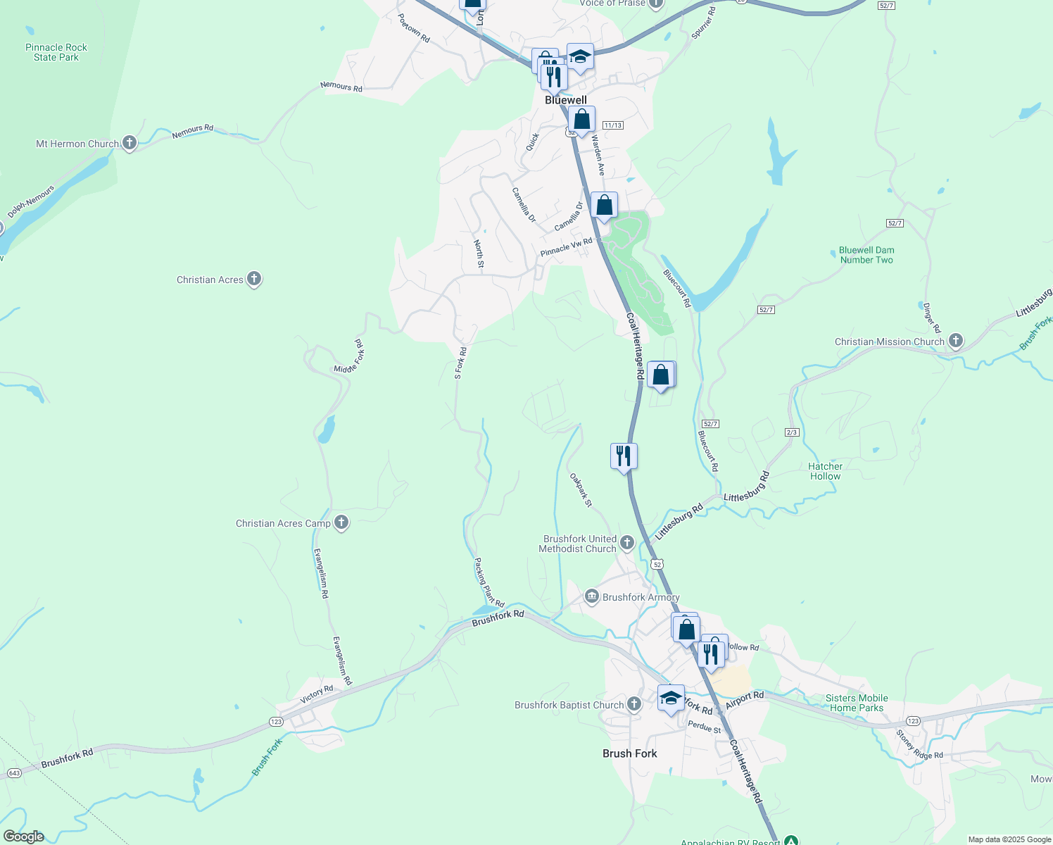 map of restaurants, bars, coffee shops, grocery stores, and more near 143 Left Avenue in Bluefield