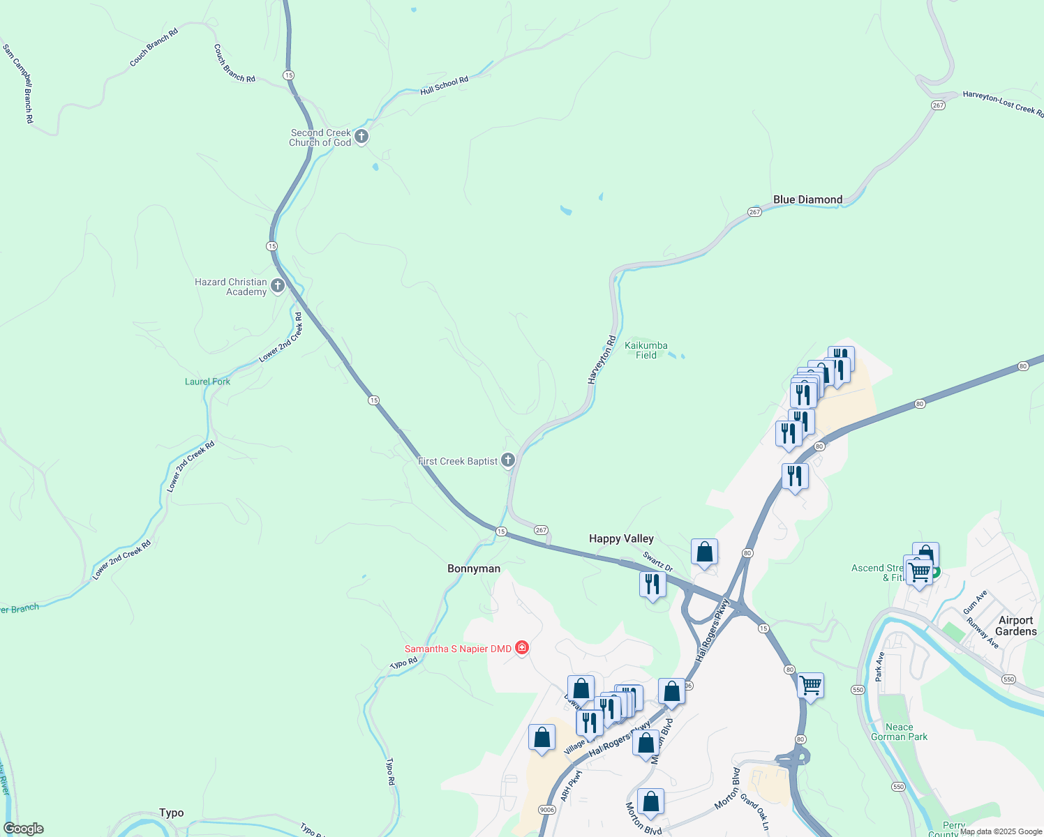 map of restaurants, bars, coffee shops, grocery stores, and more near 95 Shuckbeam Hollow in Bonnyman