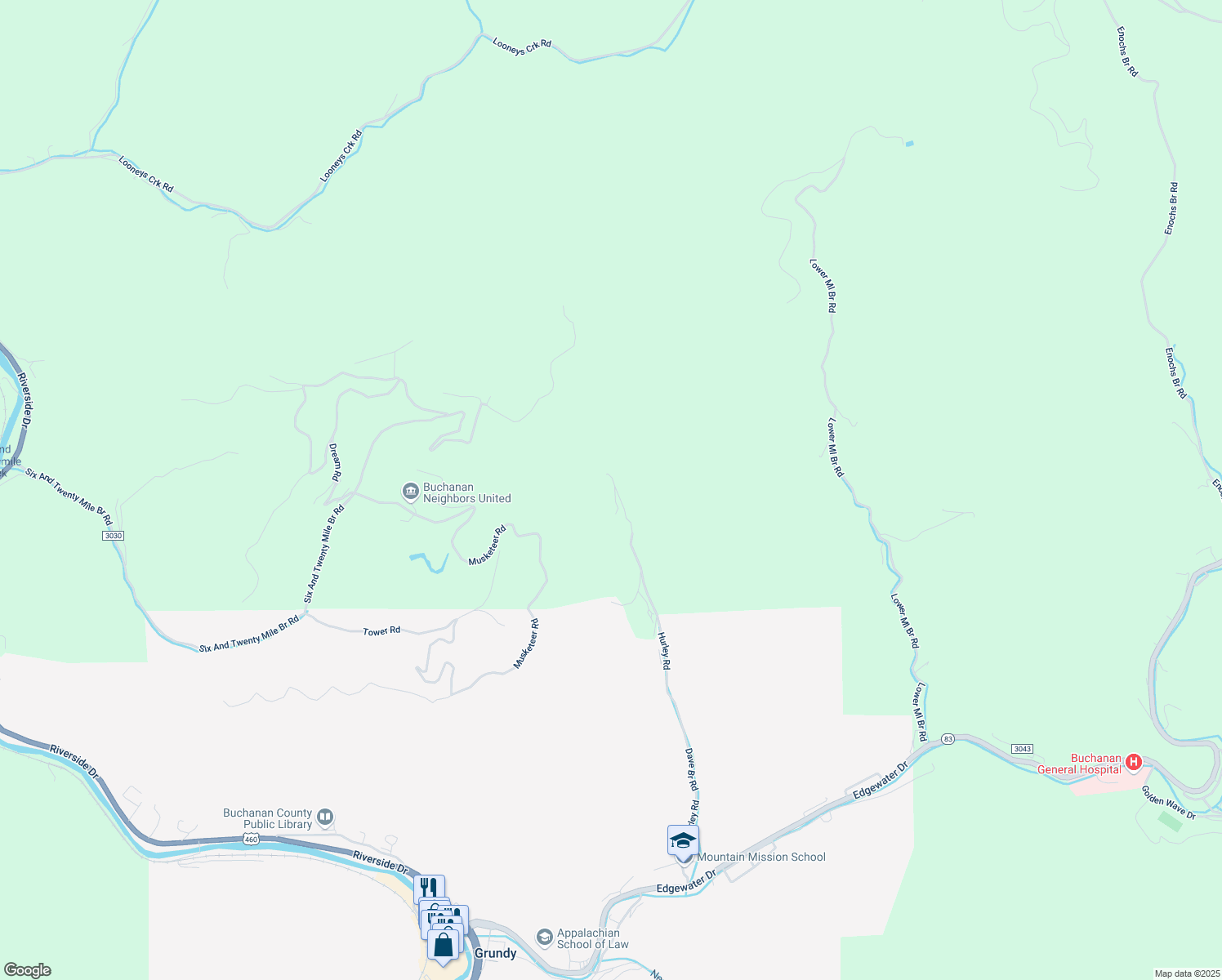 map of restaurants, bars, coffee shops, grocery stores, and more near 2232 Dave Branch Road in Grundy