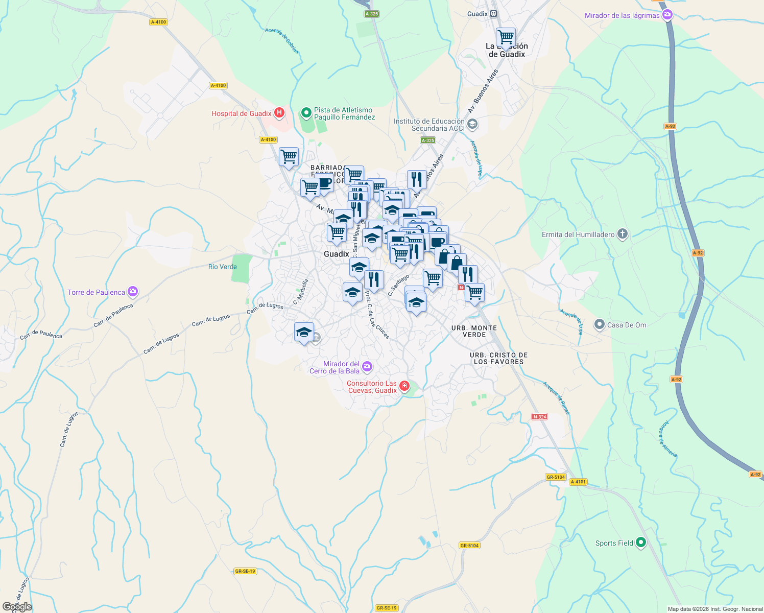 map of restaurants, bars, coffee shops, grocery stores, and more near 8 Callejón la Cruz in Guadix