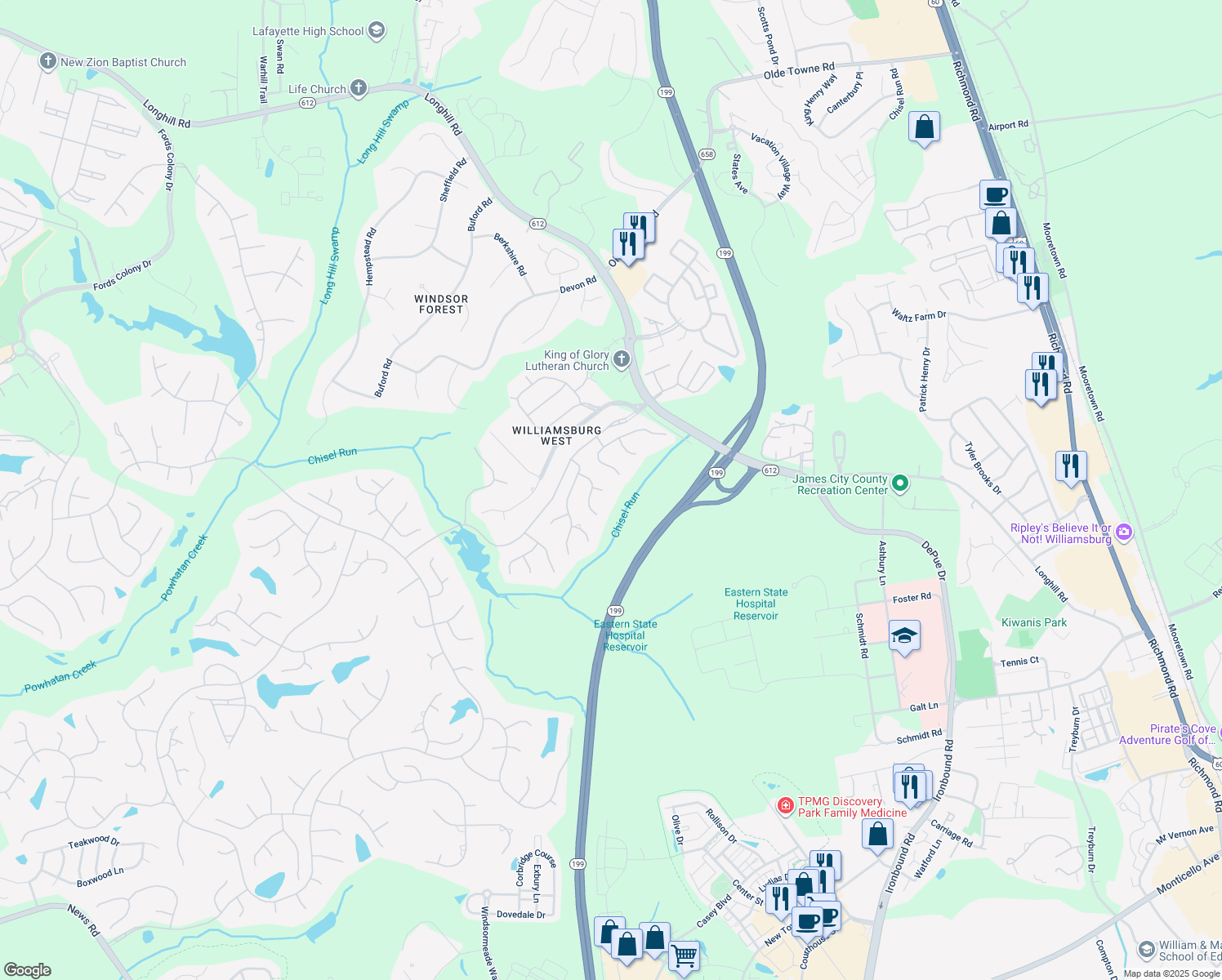 map of restaurants, bars, coffee shops, grocery stores, and more near 105 Dundee in Williamsburg