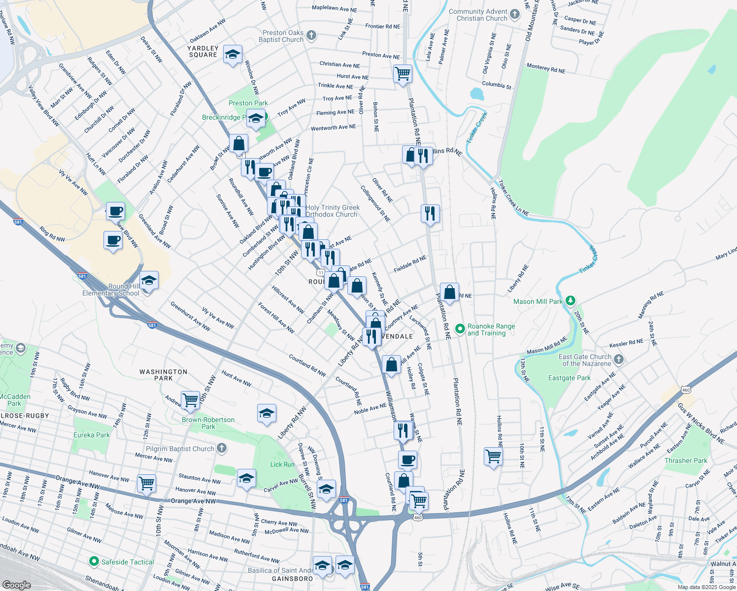 map of restaurants, bars, coffee shops, grocery stores, and more near 2729 Edison Street Northeast in Roanoke