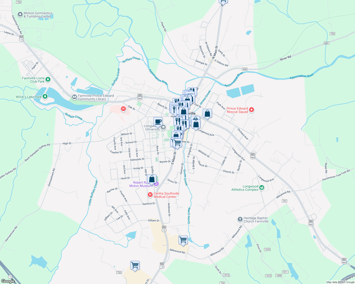 map of restaurants, bars, coffee shops, grocery stores, and more near 499 South Main Street in Farmville