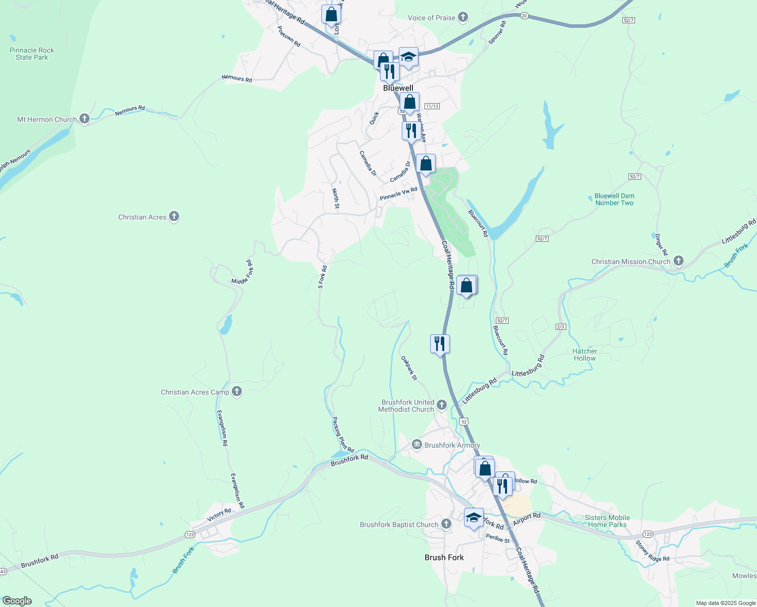 map of restaurants, bars, coffee shops, grocery stores, and more near 105 Middle Avenue in Bluefield