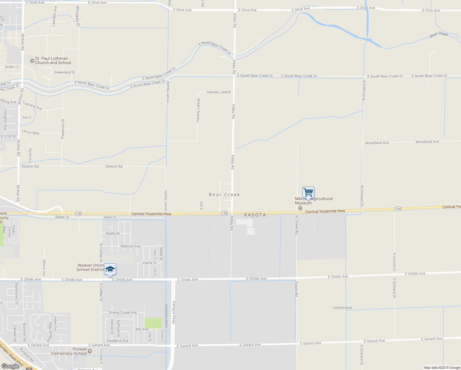 map of restaurants, bars, coffee shops, grocery stores, and more near 693 Kibby Road in Merced