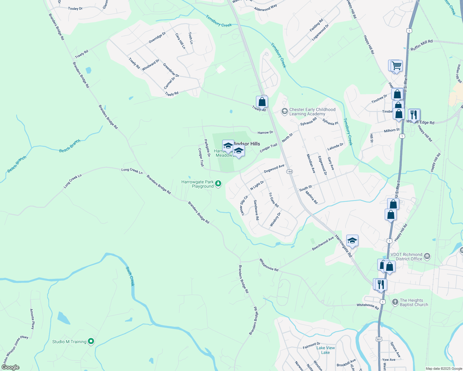 map of restaurants, bars, coffee shops, grocery stores, and more near 15813 Windseeker Court in Chester