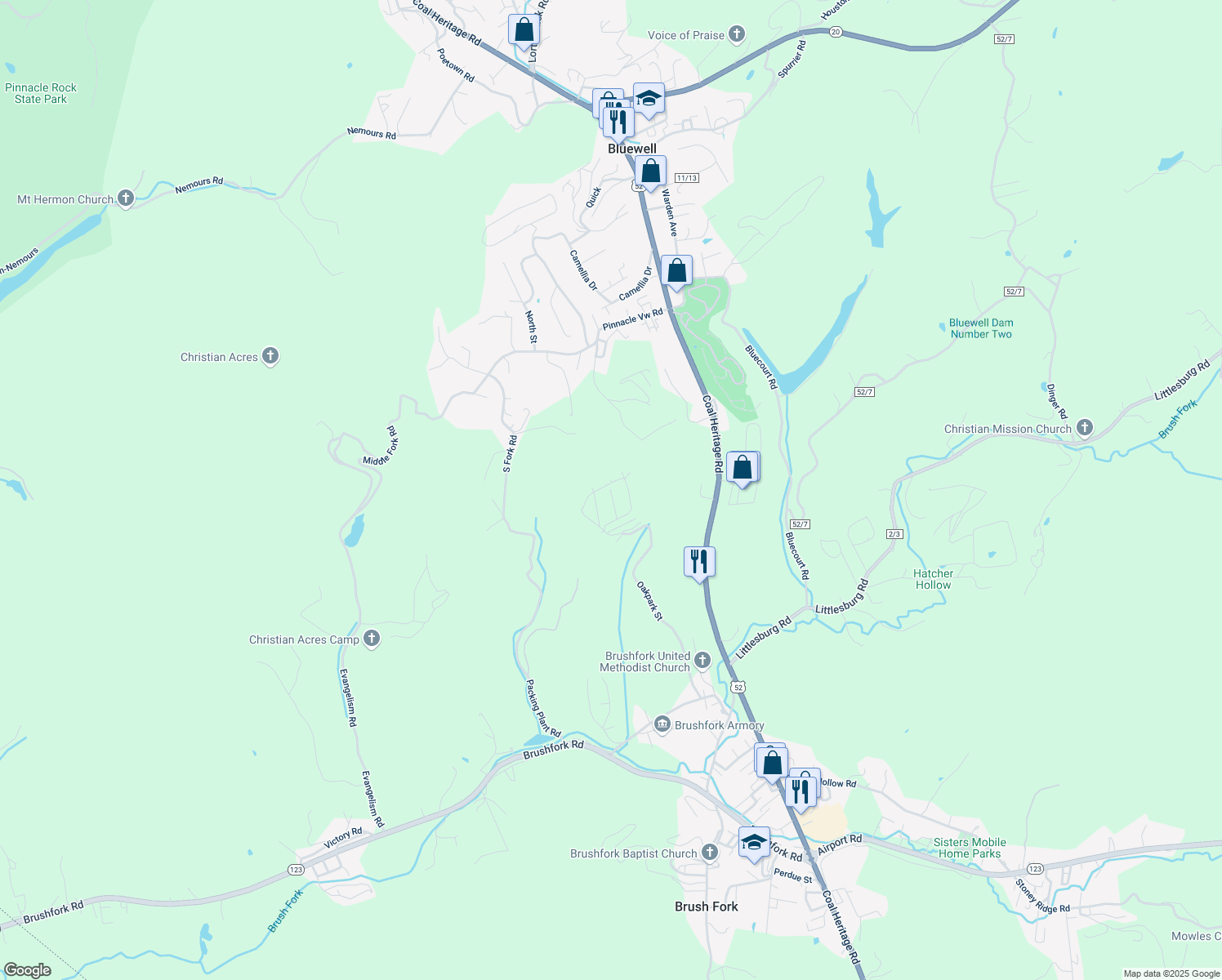 map of restaurants, bars, coffee shops, grocery stores, and more near 105 Middle Avenue in Bluefield