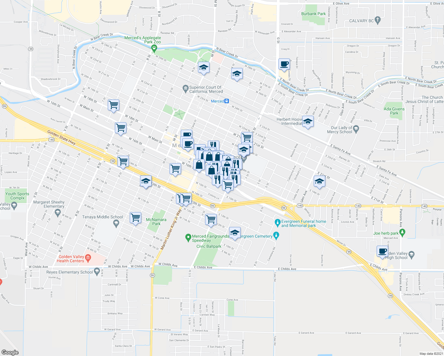map of restaurants, bars, coffee shops, grocery stores, and more near 61 West 16th Street in Merced