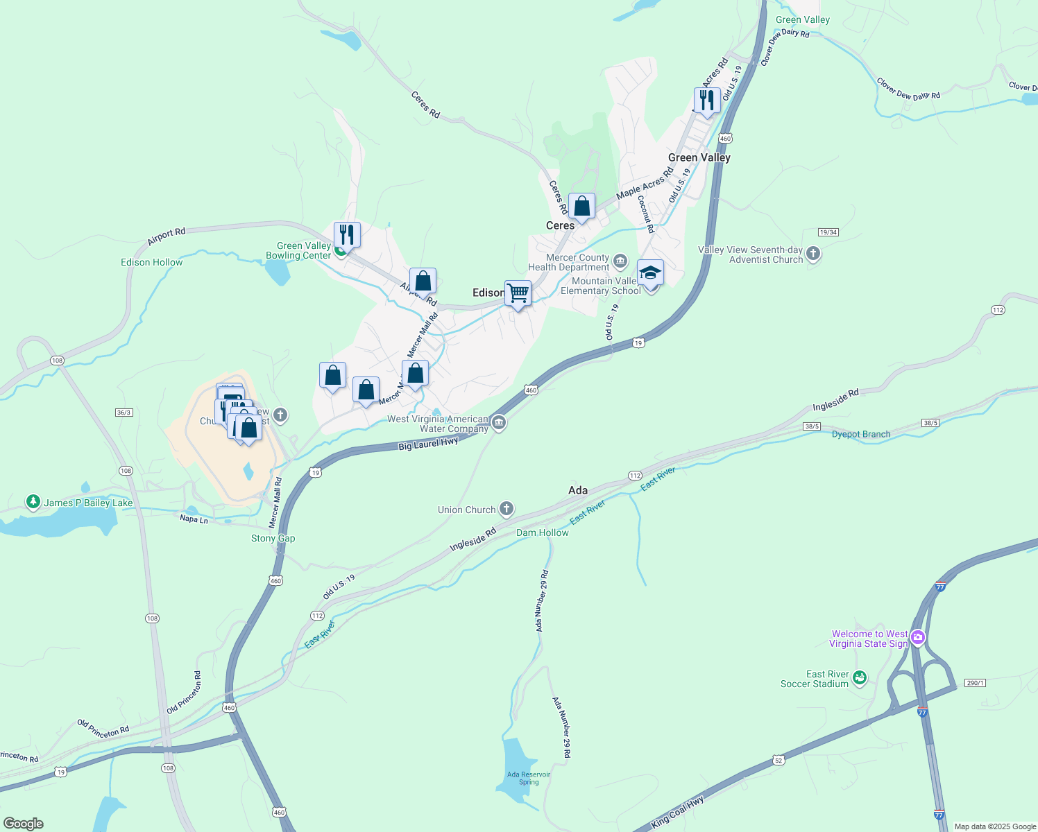 map of restaurants, bars, coffee shops, grocery stores, and more near 555 Country Girl Road in Bluefield