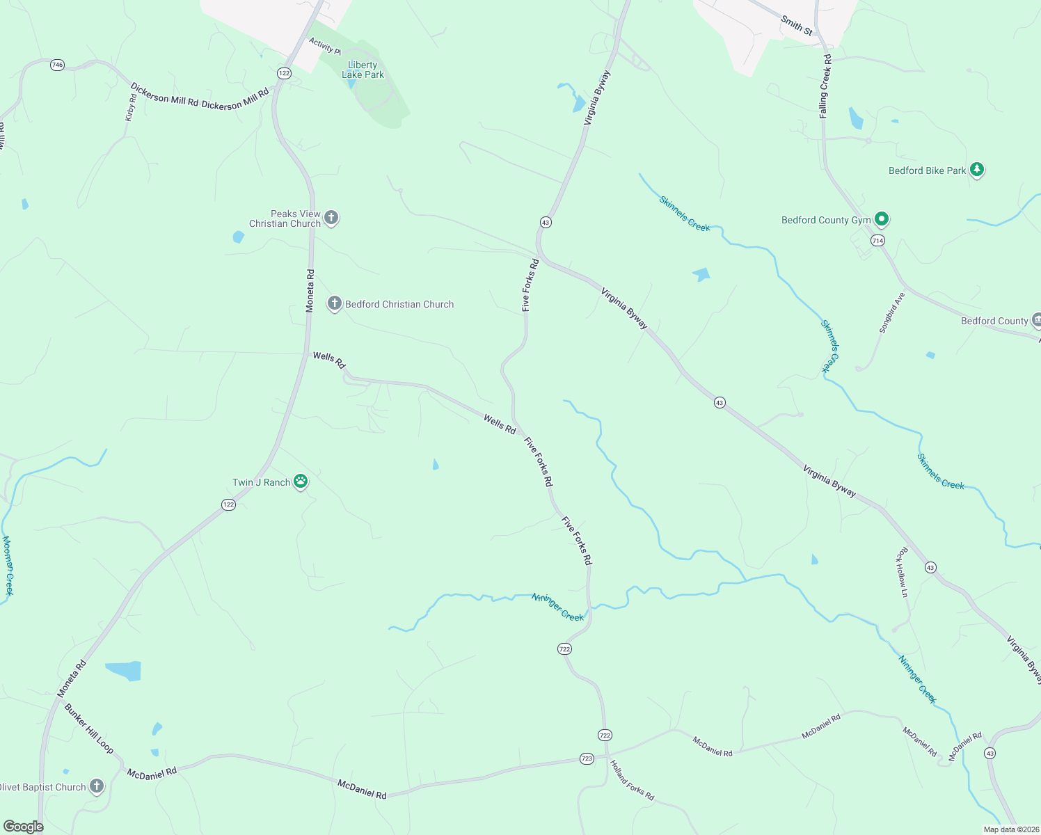 map of restaurants, bars, coffee shops, grocery stores, and more near 1622 Five Forks Road in Bedford