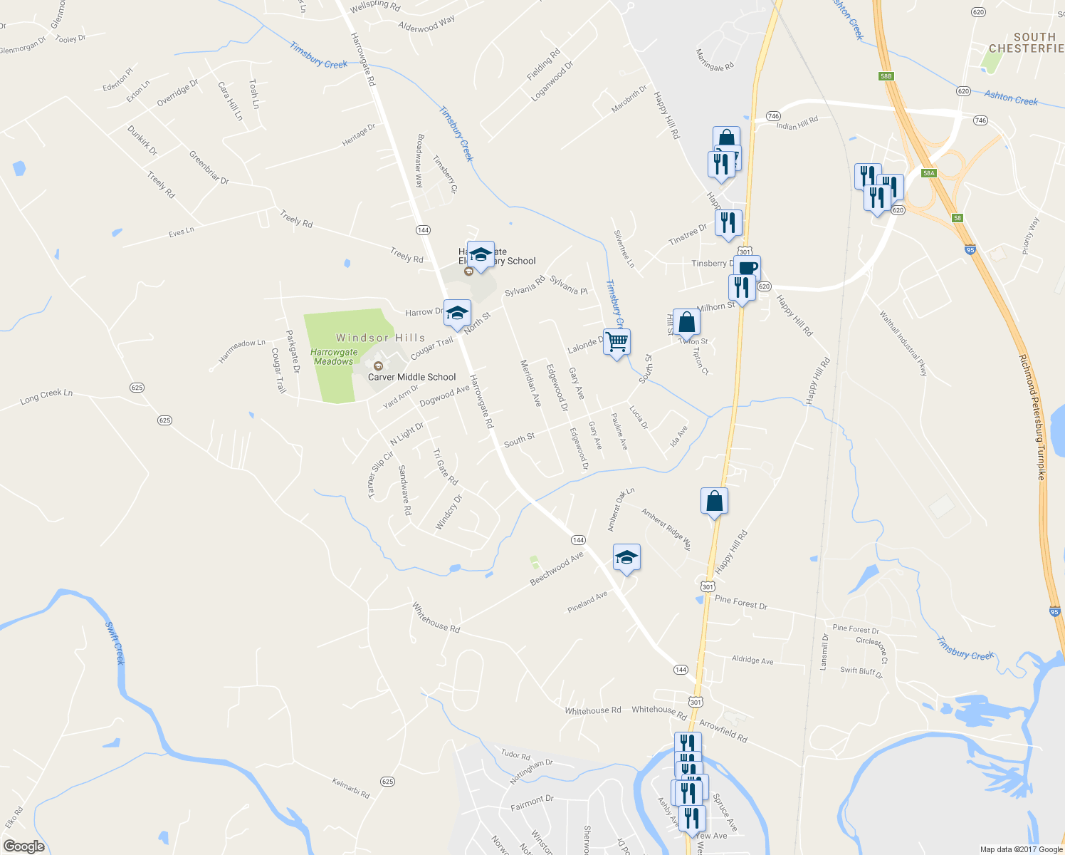 map of restaurants, bars, coffee shops, grocery stores, and more near 3408 South Street in Chester