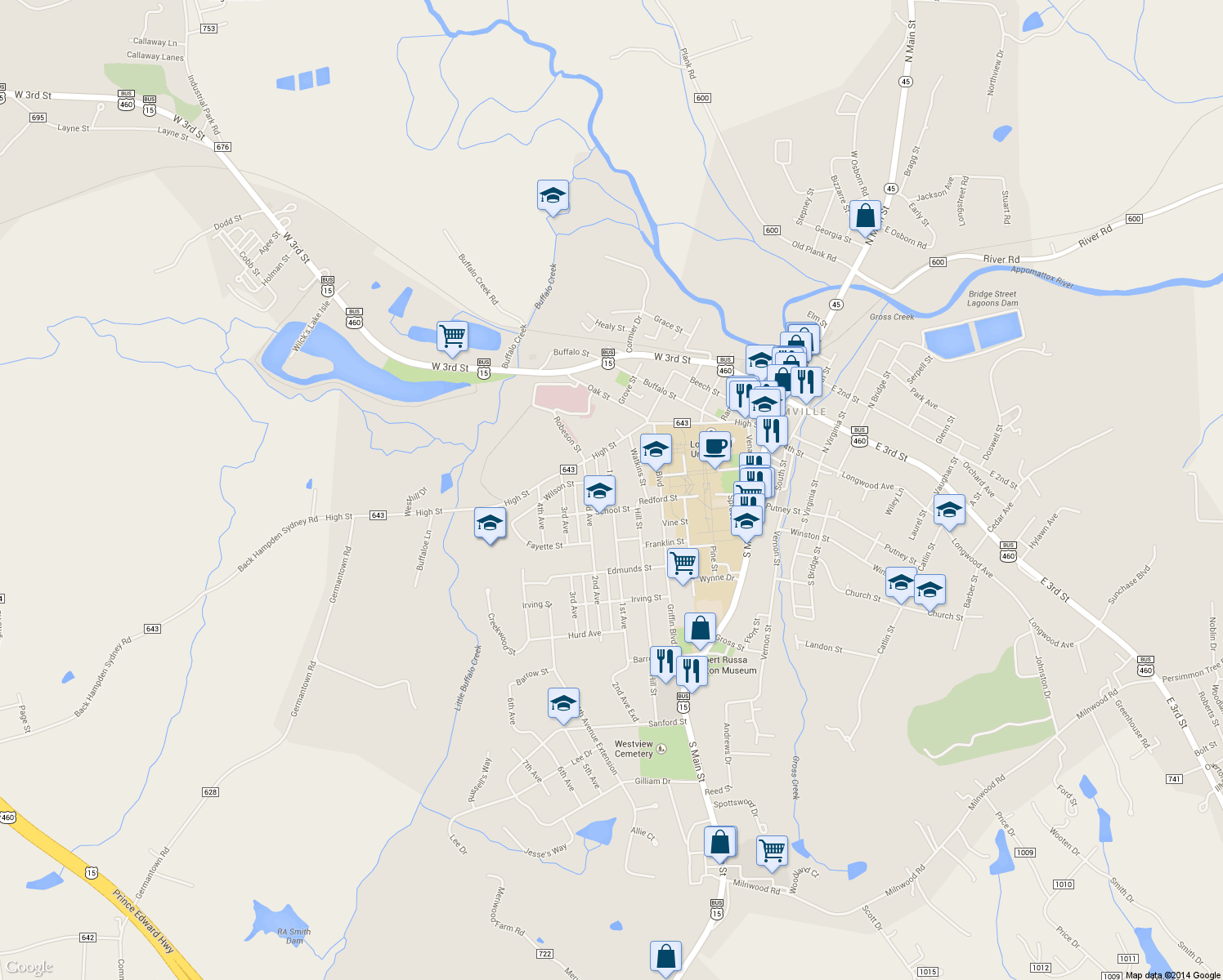 map of restaurants, bars, coffee shops, grocery stores, and more near 311 1st Avenue in Farmville
