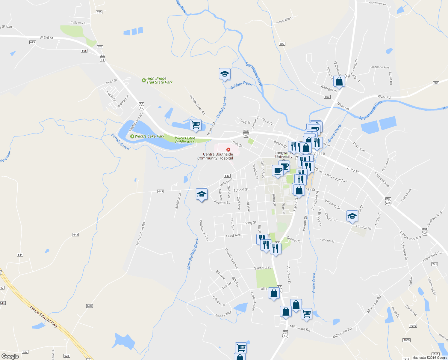 map of restaurants, bars, coffee shops, grocery stores, and more near 1005 High Street in Farmville