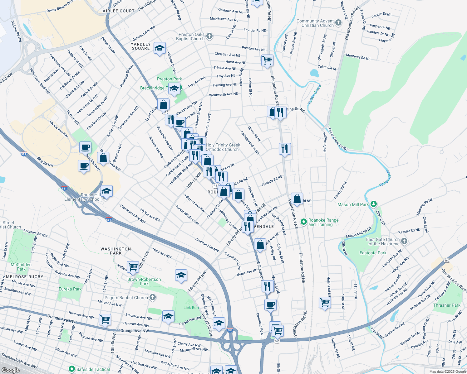 map of restaurants, bars, coffee shops, grocery stores, and more near 2925 Edison Street Northeast in Roanoke