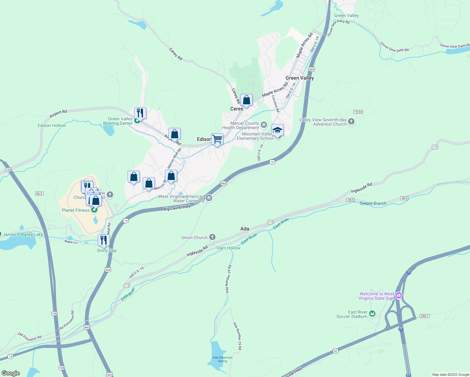 map of restaurants, bars, coffee shops, grocery stores, and more near 555 Country Girl Road in Bluefield