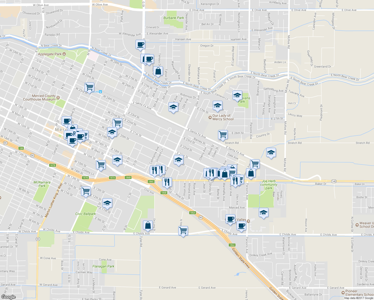 map of restaurants, bars, coffee shops, grocery stores, and more near 906 East 22nd Street in Merced