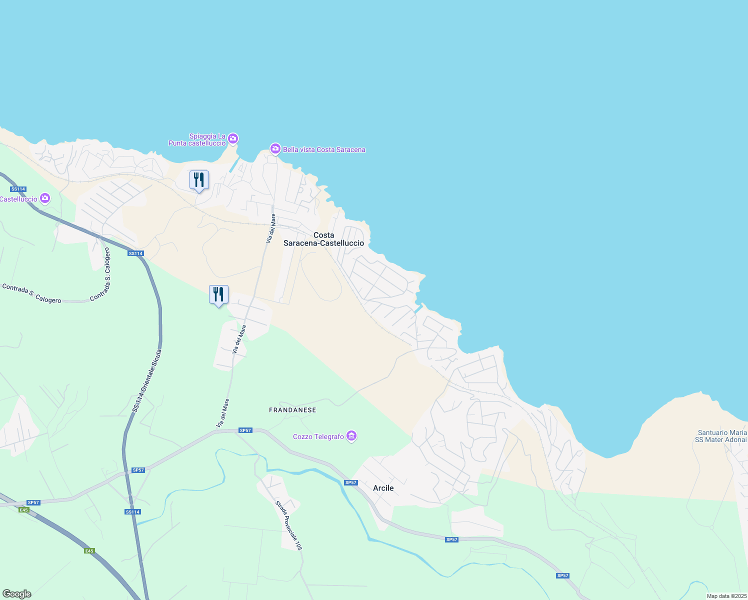 map of restaurants, bars, coffee shops, grocery stores, and more near 1 Via dei Fiori in Costa Saracena - Castelluccio