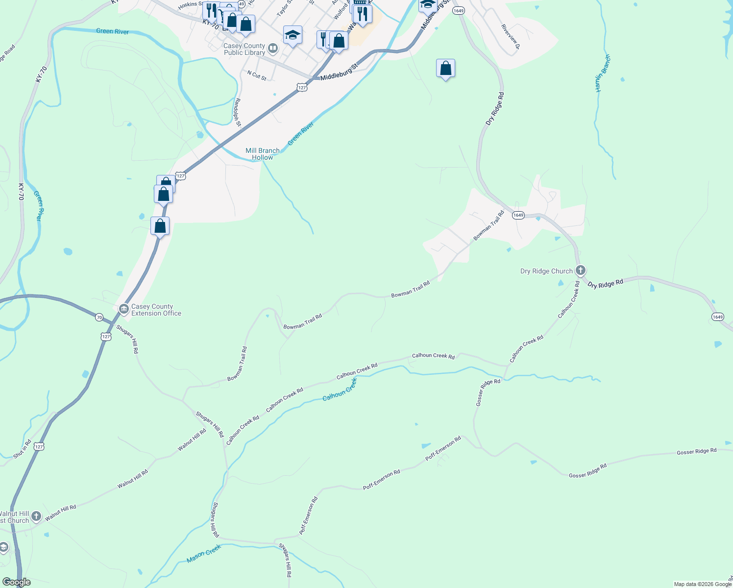 map of restaurants, bars, coffee shops, grocery stores, and more near Bowman Trail Road in Liberty