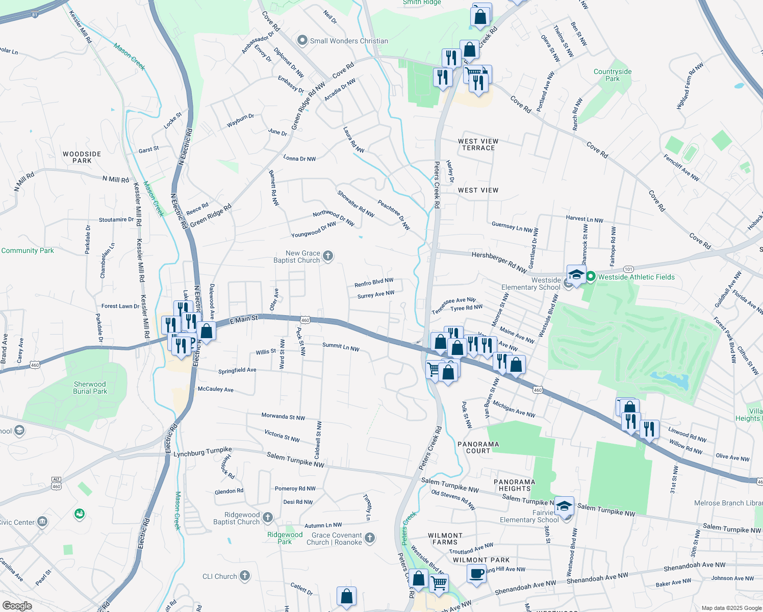 map of restaurants, bars, coffee shops, grocery stores, and more near 4531 Edgelawn Avenue Northwest in Roanoke