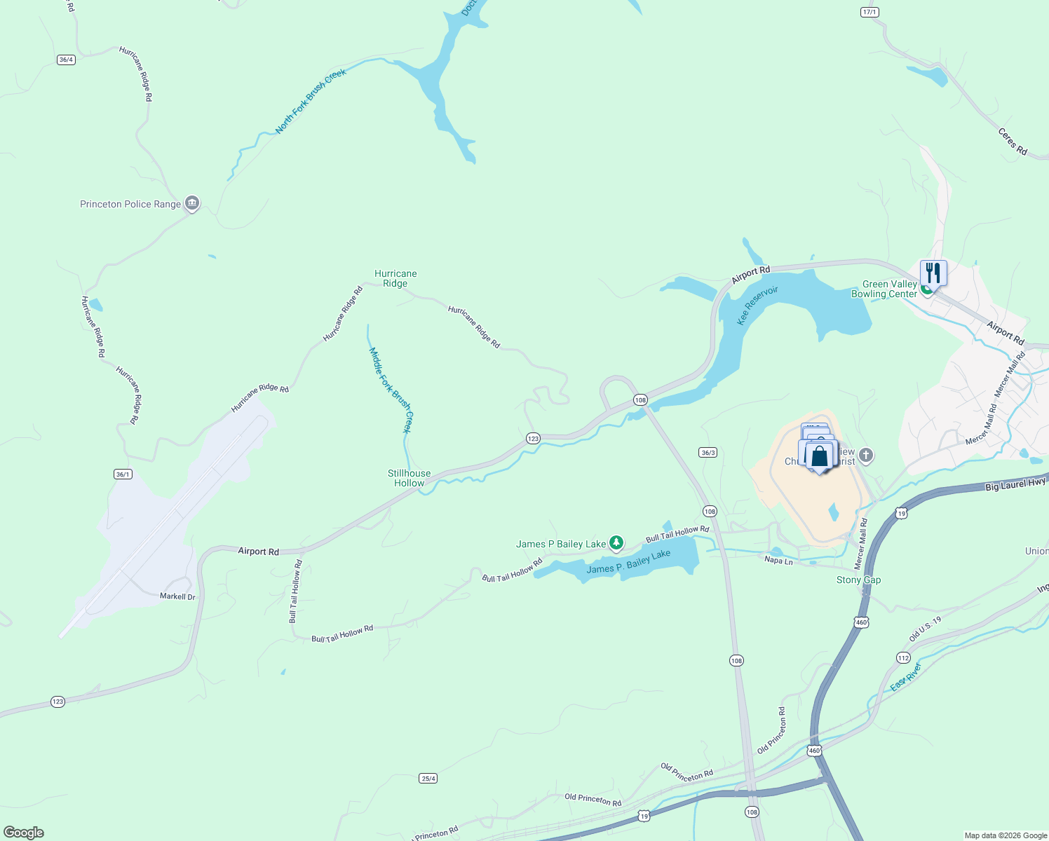 map of restaurants, bars, coffee shops, grocery stores, and more near 5057 Hurricane Ridge Rd in Bluefield