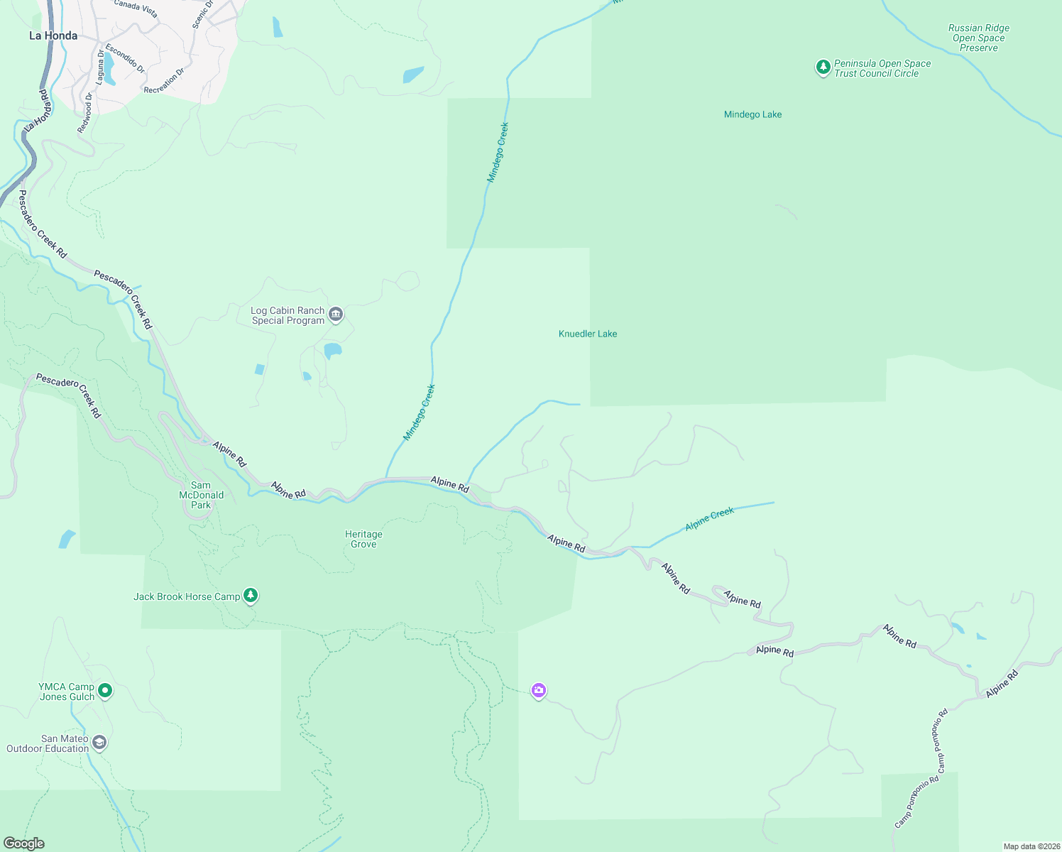 map of restaurants, bars, coffee shops, grocery stores, and more near 21 Heritage Road in La Honda