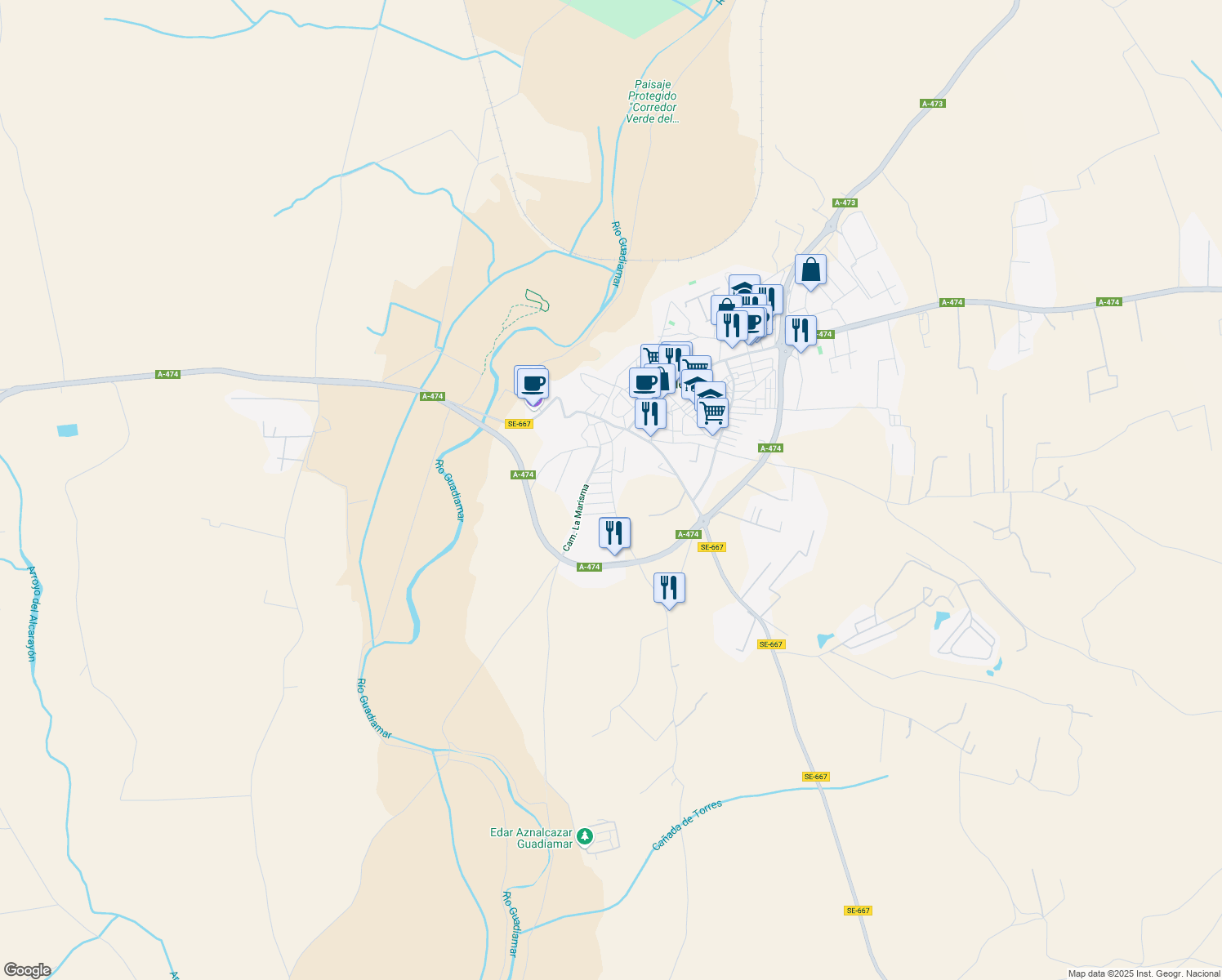 map of restaurants, bars, coffee shops, grocery stores, and more near Calle Rincon del Pescador in Aznalcázar
