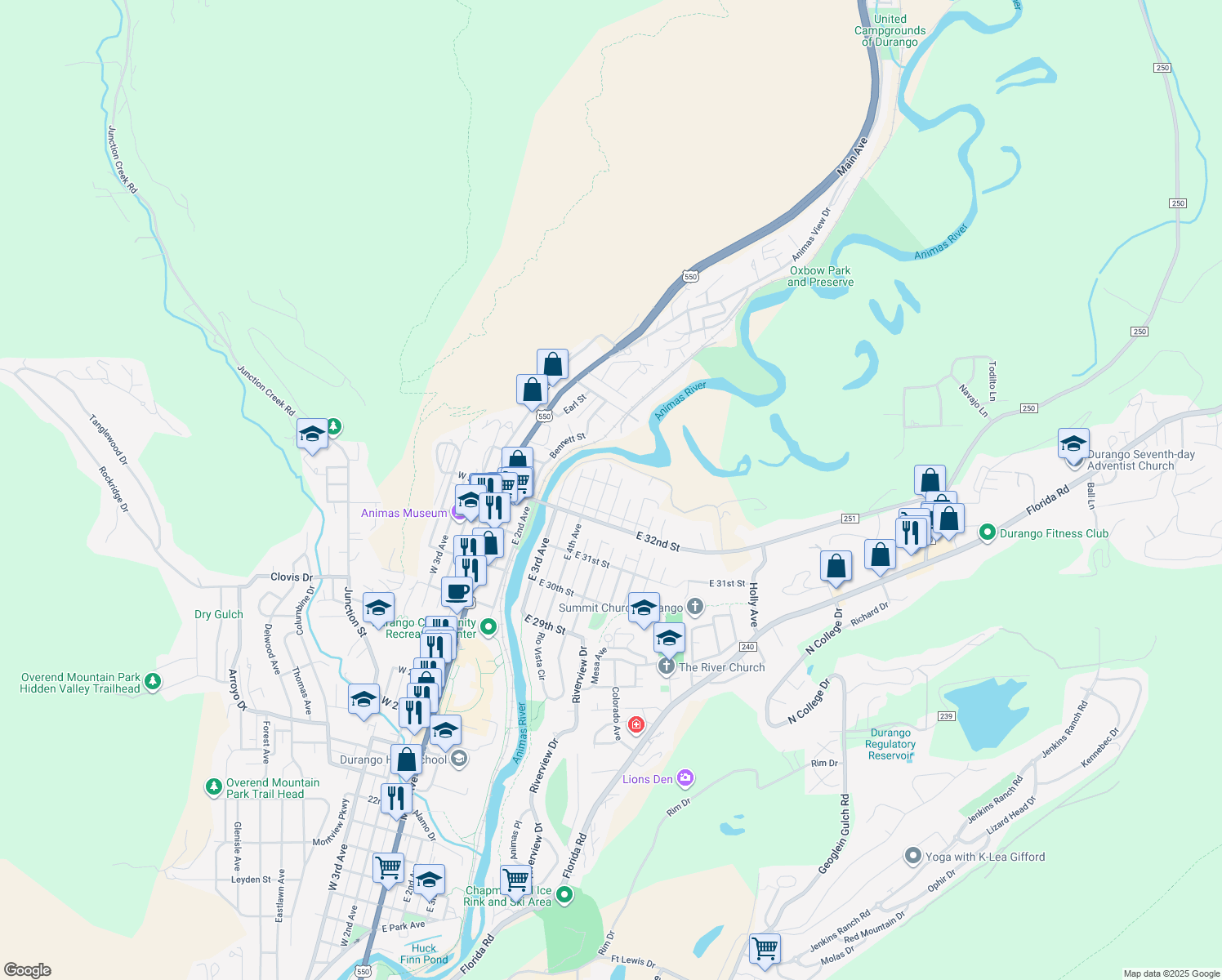 map of restaurants, bars, coffee shops, grocery stores, and more near 3281 E 5th Ave in Durango
