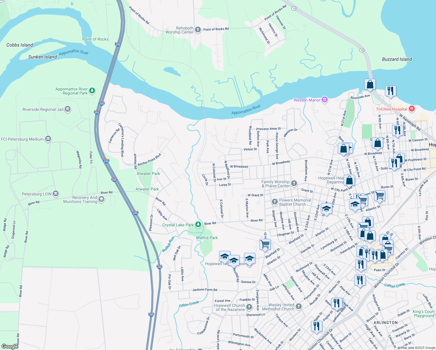 map of restaurants, bars, coffee shops, grocery stores, and more near 3410 Norton Street in Hopewell