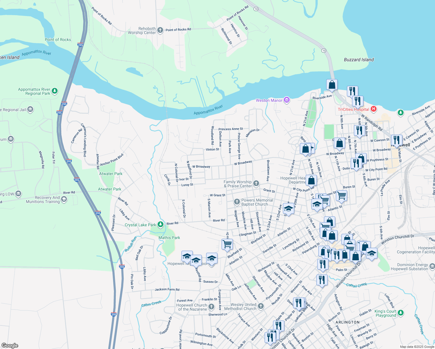map of restaurants, bars, coffee shops, grocery stores, and more near 202 Mohawk Avenue in Hopewell