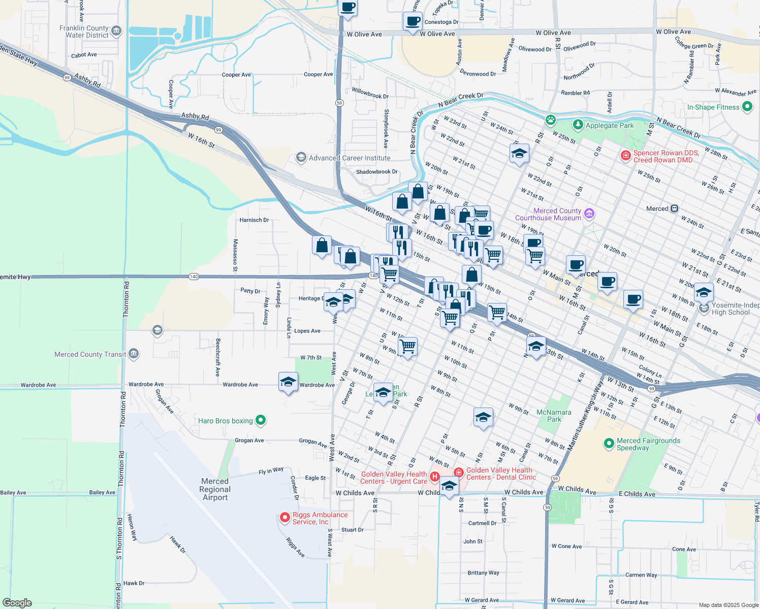 map of restaurants, bars, coffee shops, grocery stores, and more near 1110 V Street in Merced