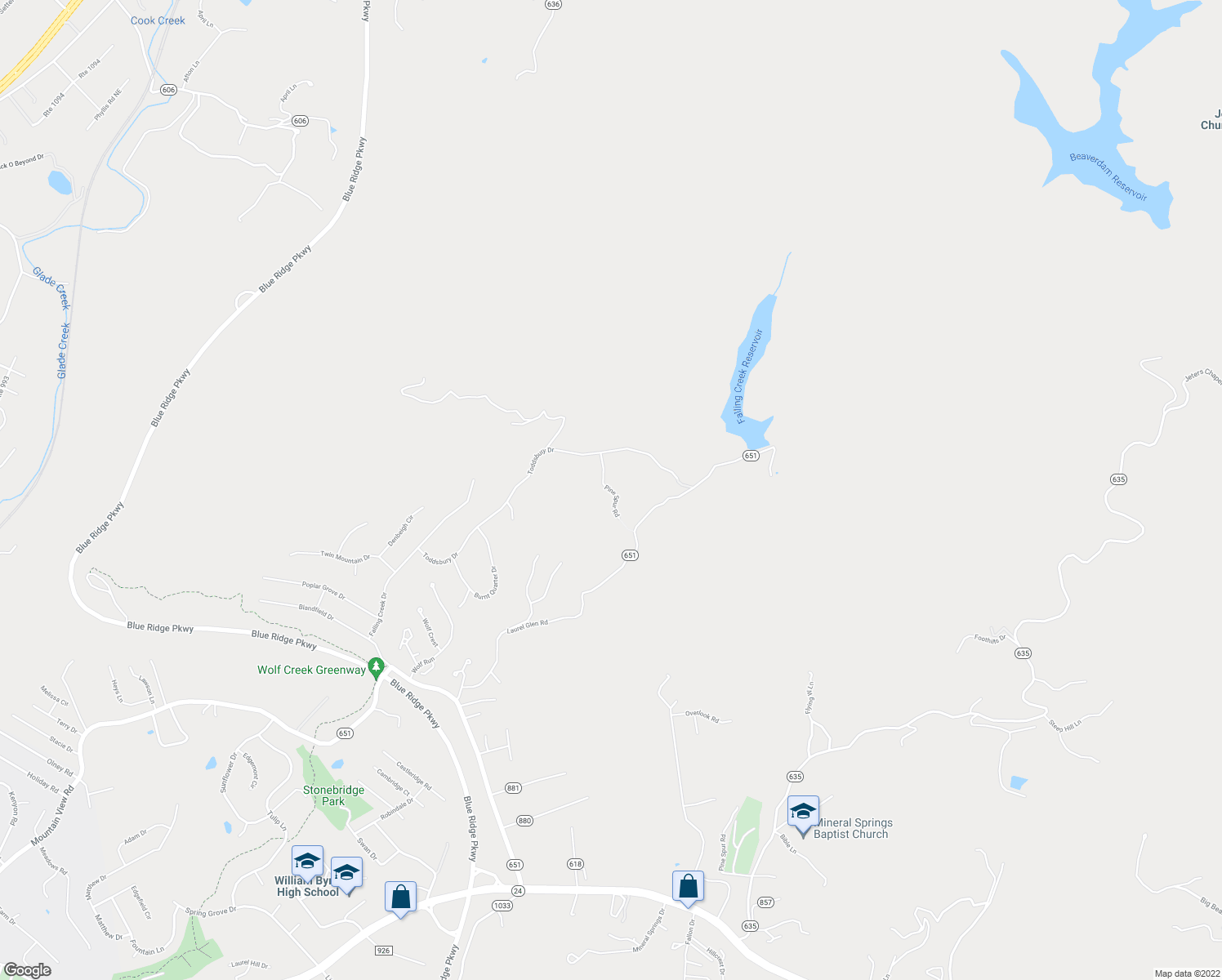 map of restaurants, bars, coffee shops, grocery stores, and more near 4436 Pine Spur Road in Vinton