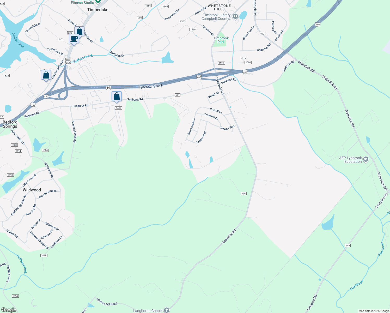 map of restaurants, bars, coffee shops, grocery stores, and more near 561 Twin Lakes Road in Evington