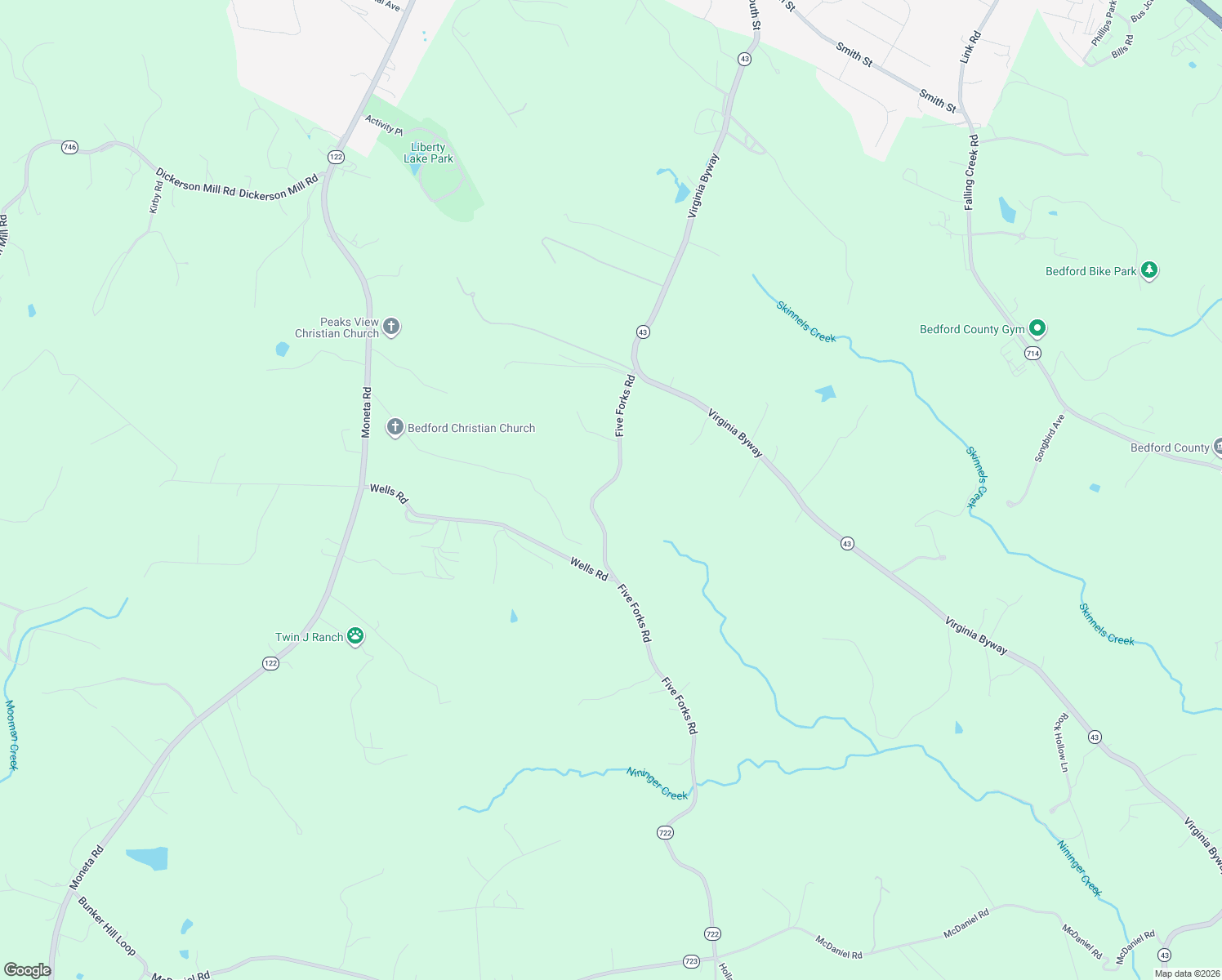 map of restaurants, bars, coffee shops, grocery stores, and more near 1372 Five Forks Road in Bedford