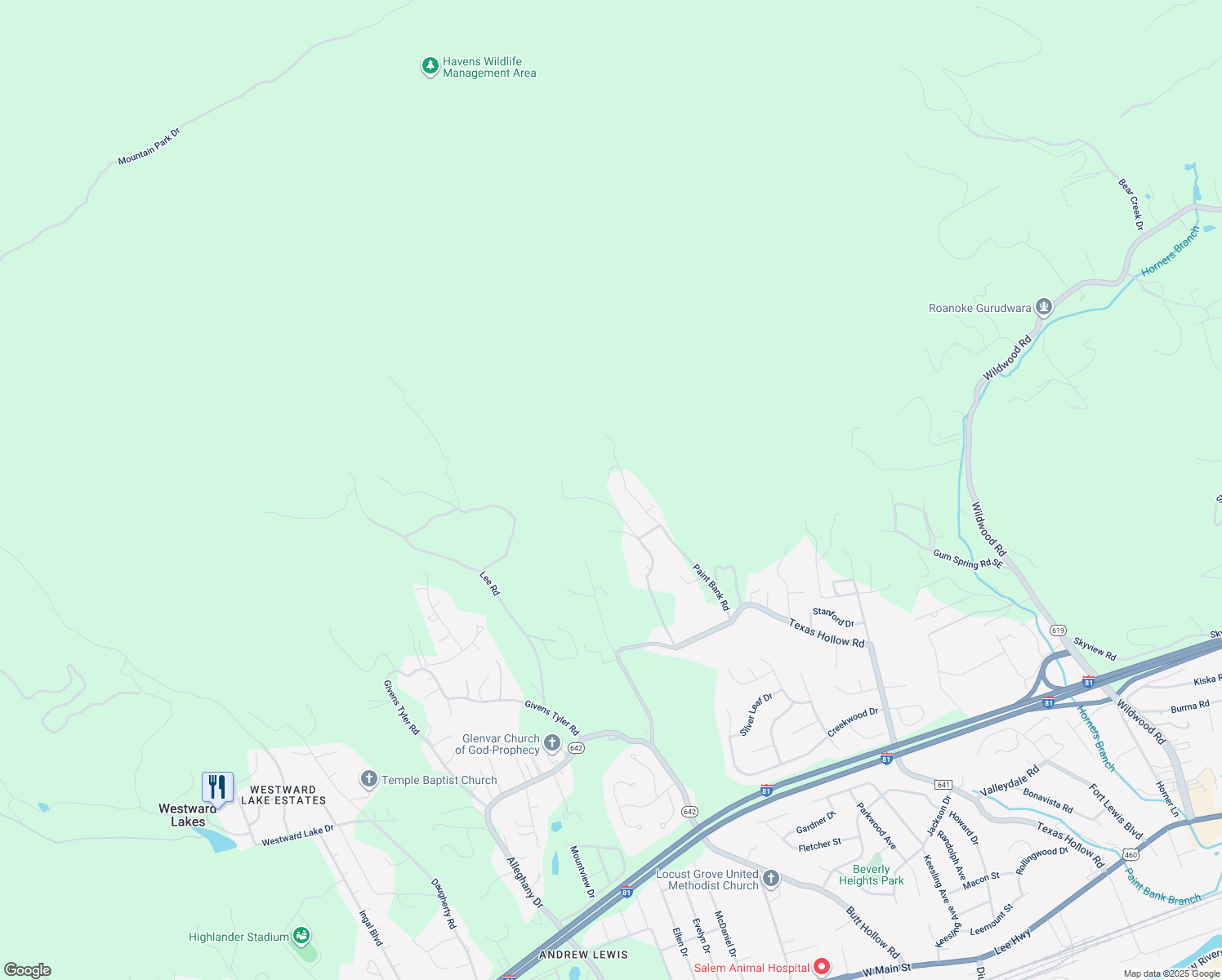 map of restaurants, bars, coffee shops, grocery stores, and more near 1026 Paint Bank Road in Salem