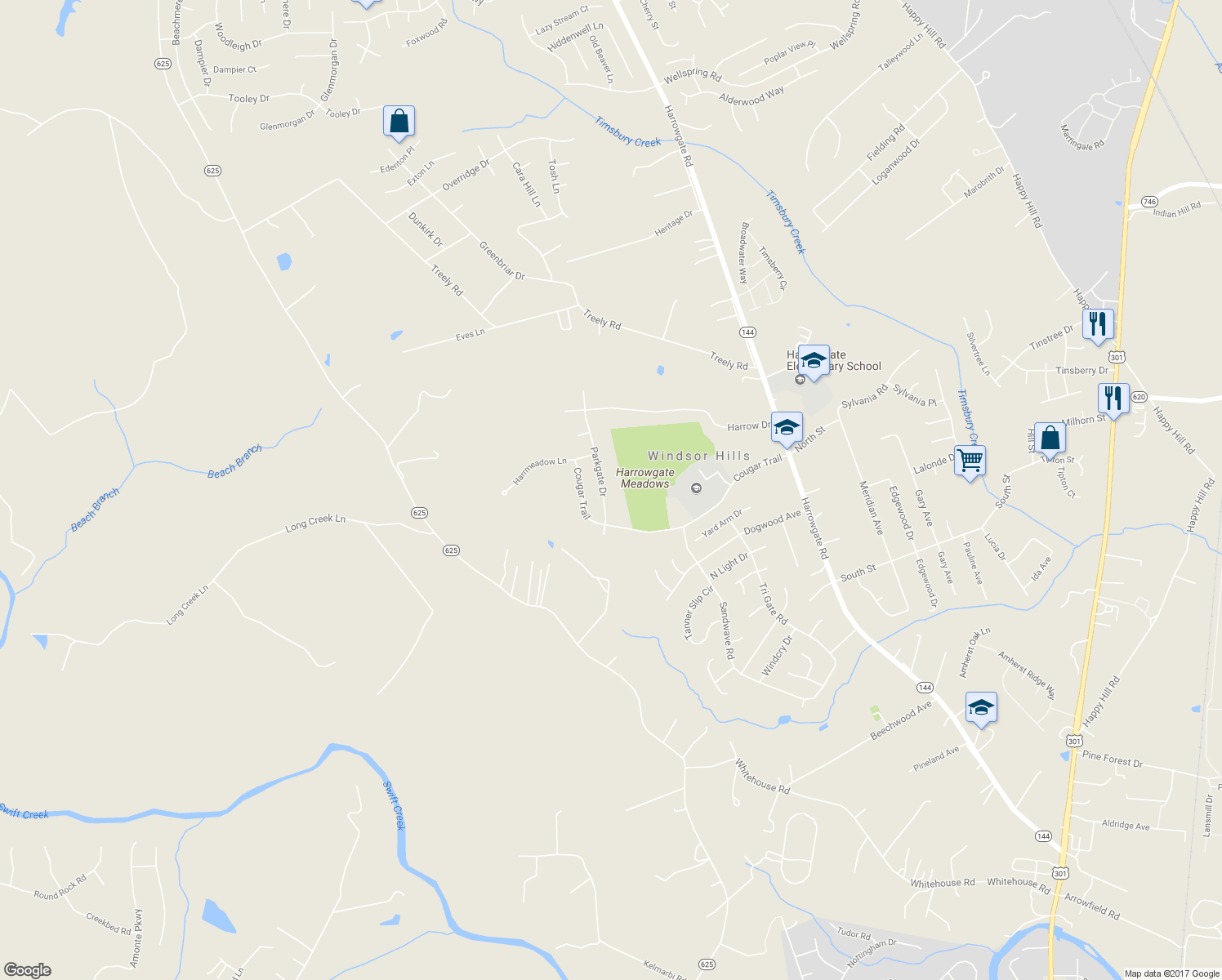 map of restaurants, bars, coffee shops, grocery stores, and more near 15537 Parkgate Drive in Chester