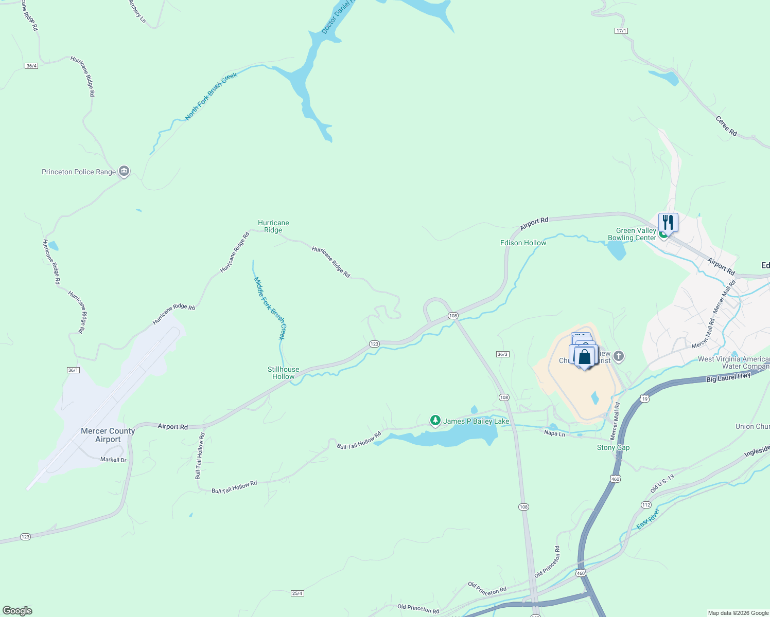 map of restaurants, bars, coffee shops, grocery stores, and more near 4386 Hurricane Ridge Road in Bluefield