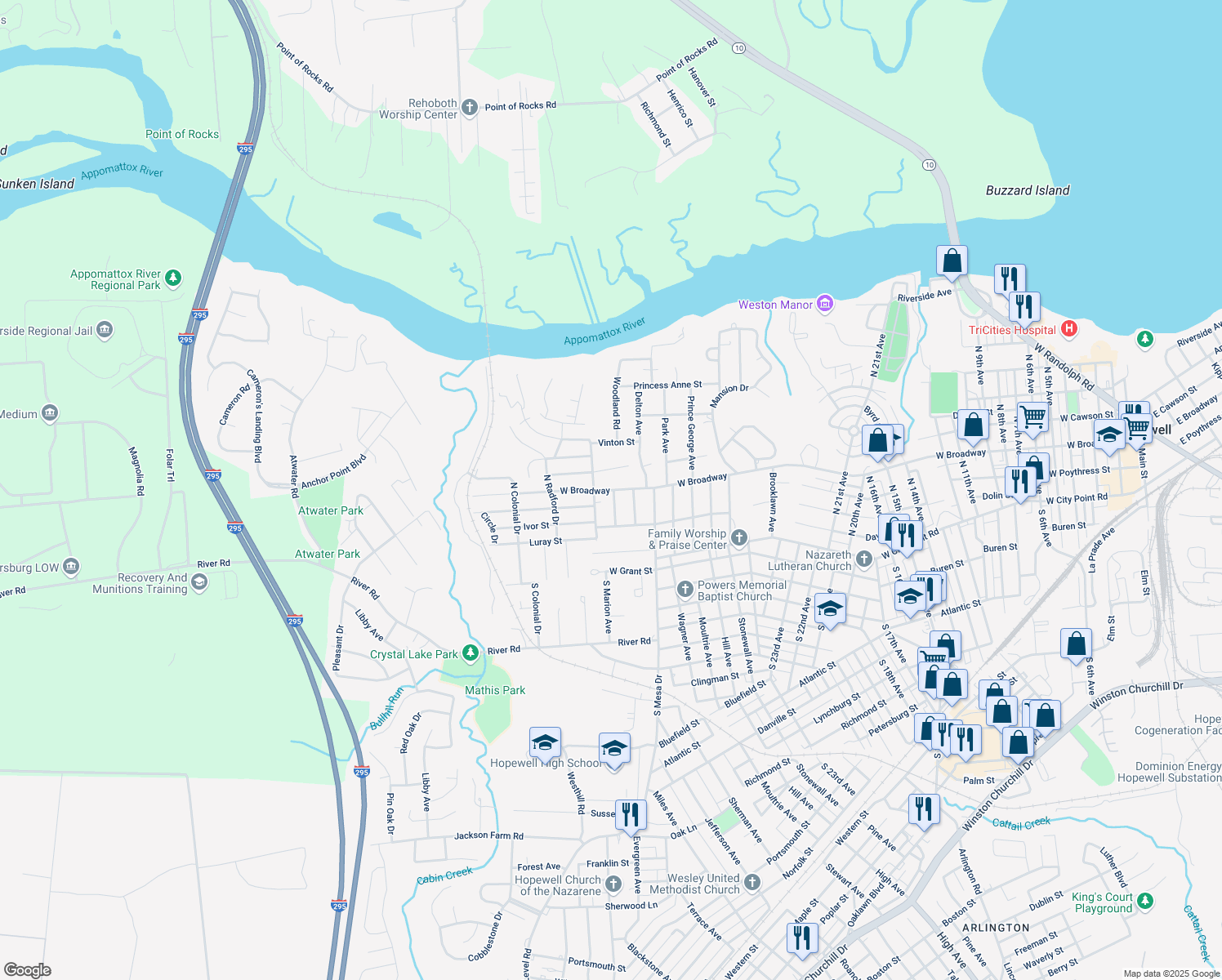 map of restaurants, bars, coffee shops, grocery stores, and more near 3213 West Broadway Avenue in Hopewell