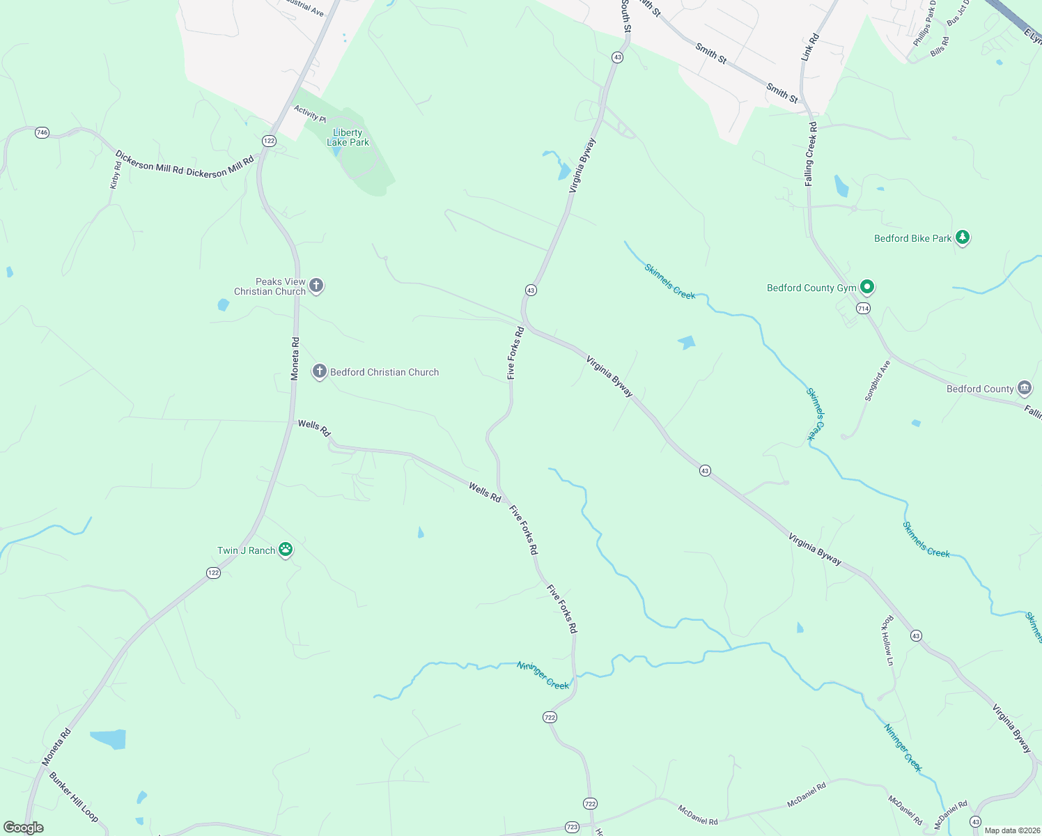 map of restaurants, bars, coffee shops, grocery stores, and more near 1372 Five Forks Road in Bedford