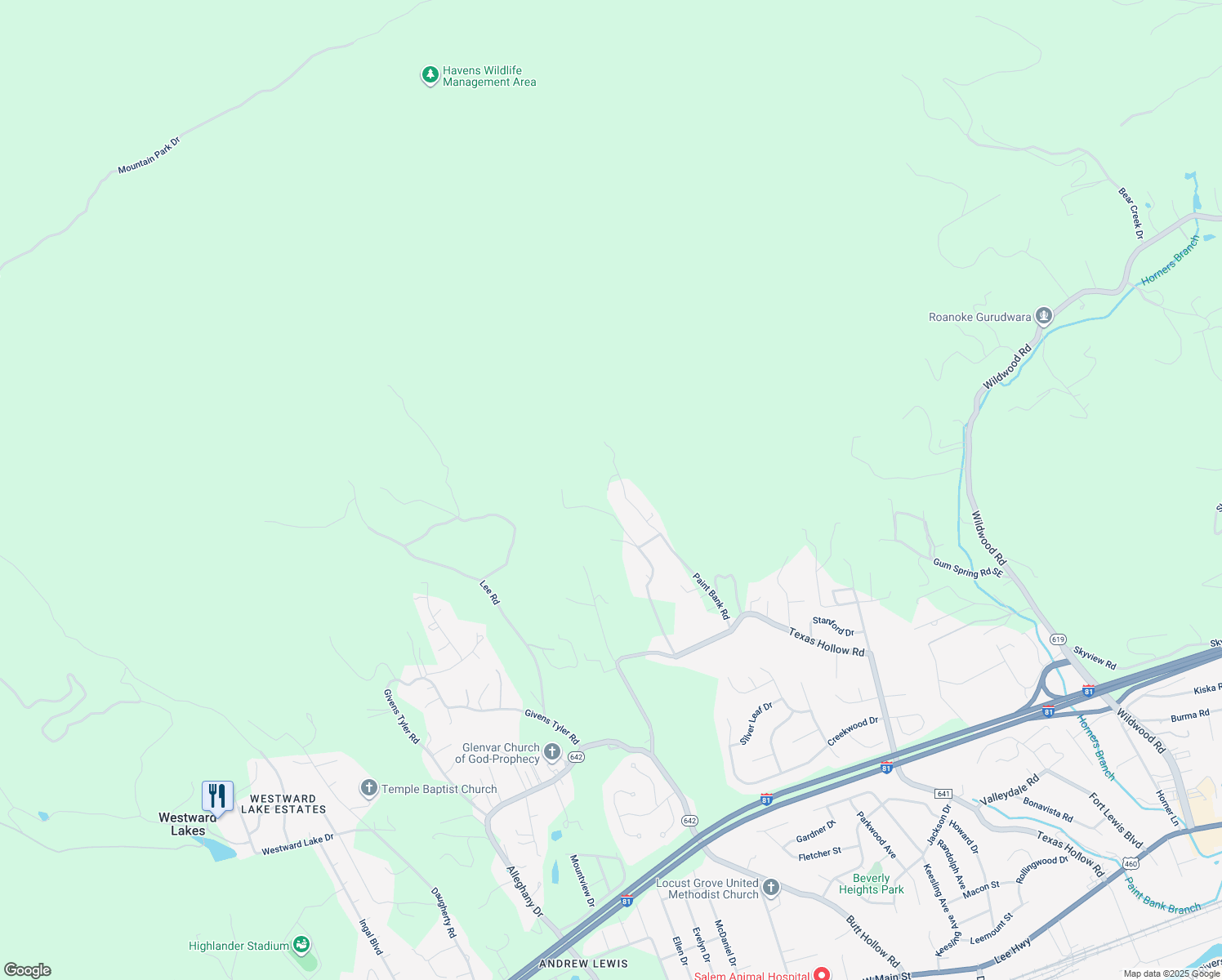 map of restaurants, bars, coffee shops, grocery stores, and more near 1026 Paint Bank Road in Salem