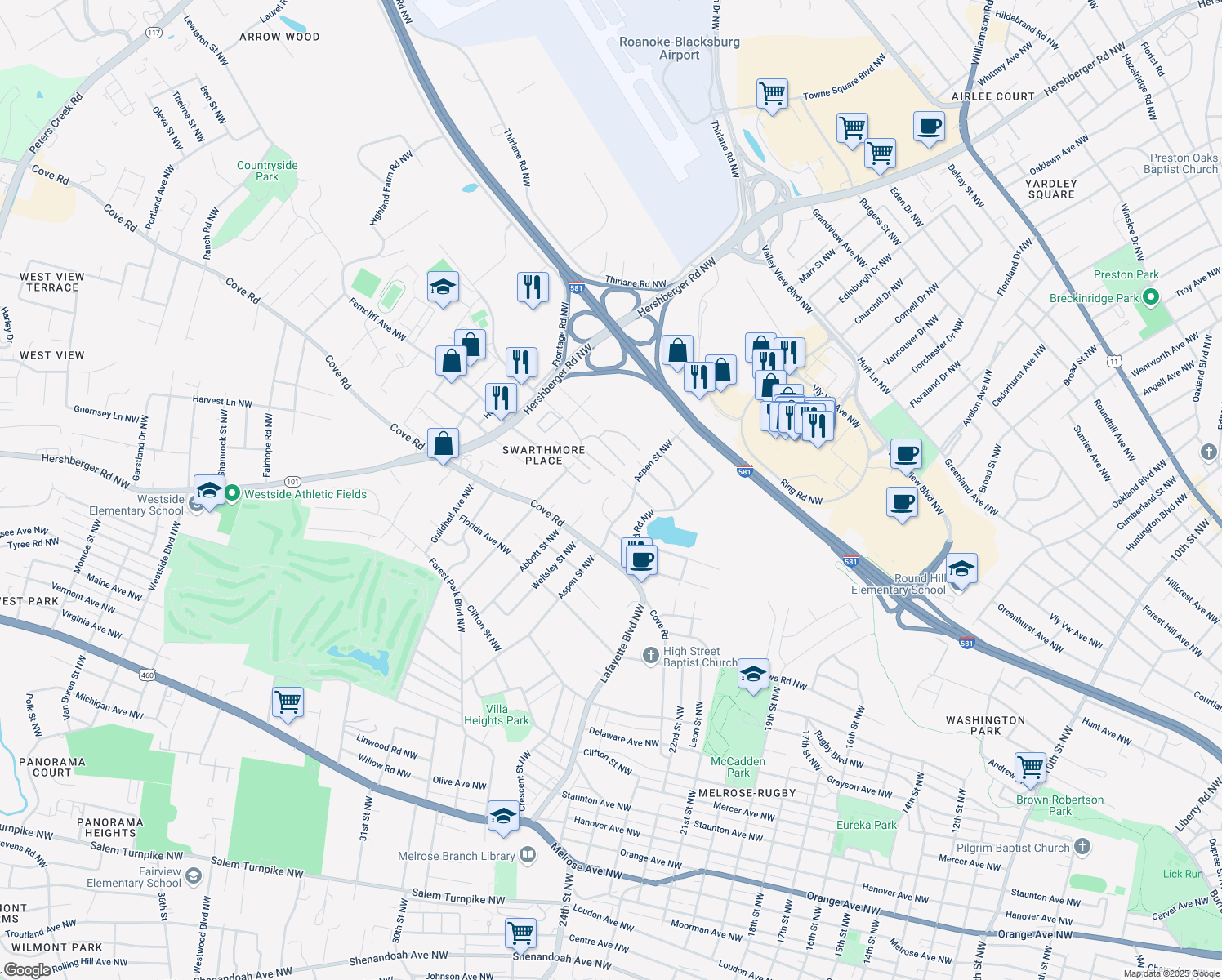 map of restaurants, bars, coffee shops, grocery stores, and more near 2820 Aspen Grove Ct NW in Roanoke