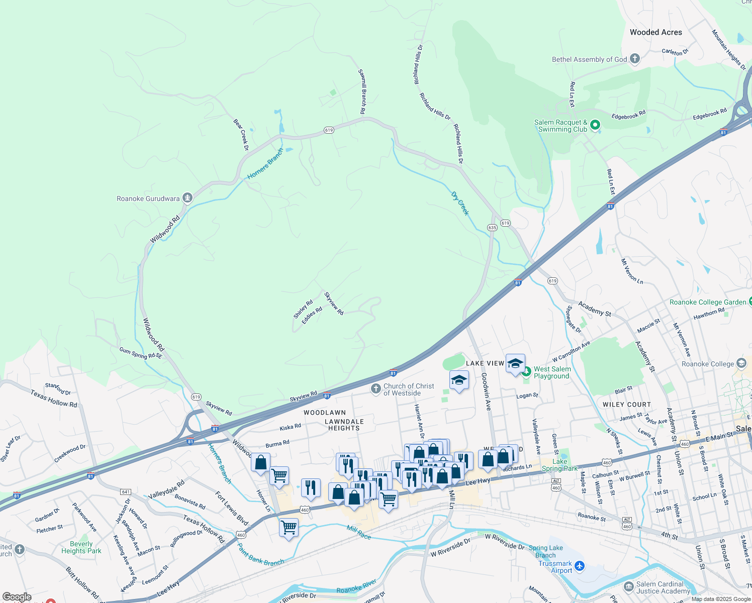 map of restaurants, bars, coffee shops, grocery stores, and more near 1129 Skycoe Drive in Salem