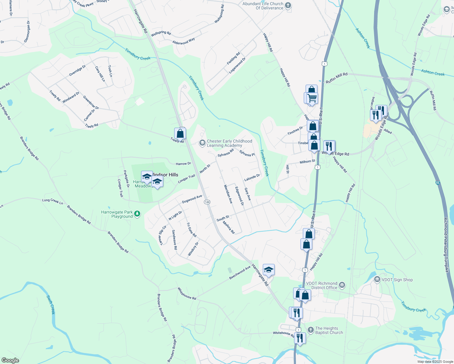 map of restaurants, bars, coffee shops, grocery stores, and more near 15817 Meridian Avenue in Chester