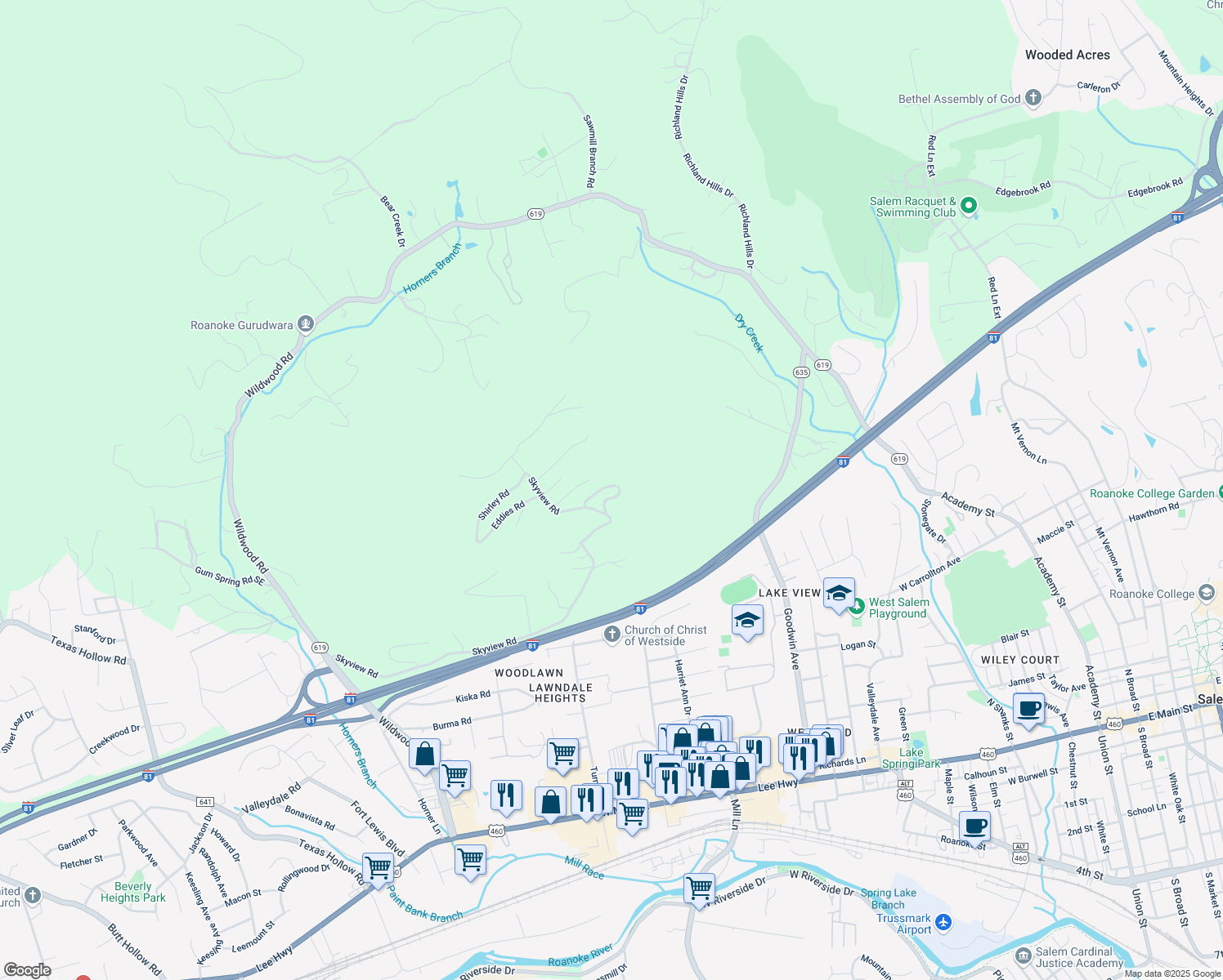 map of restaurants, bars, coffee shops, grocery stores, and more near 1129 Skycoe Drive in Salem